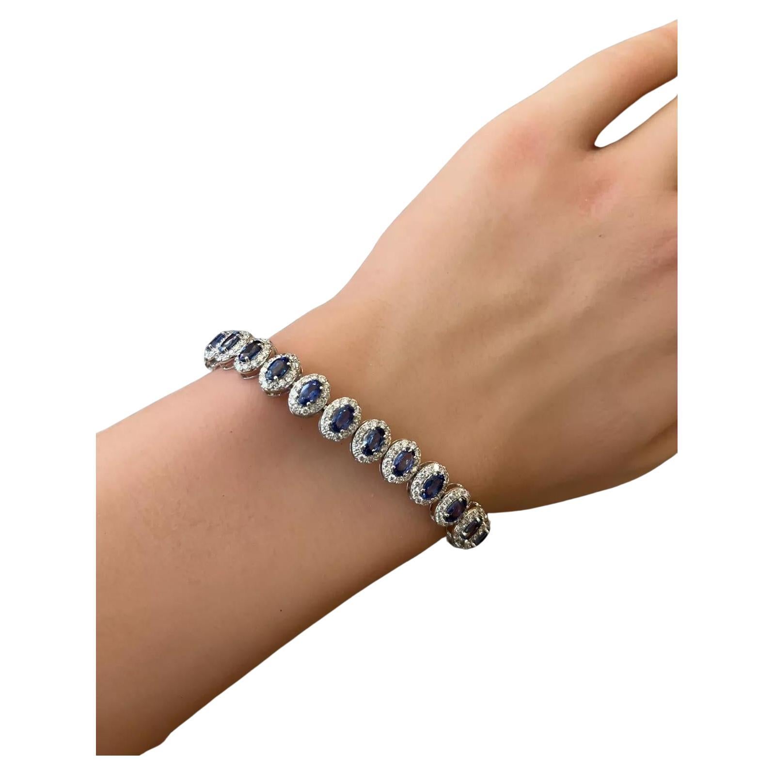 Natural Oval Sapphire and Diamond Halo Bracelet in 14k White Gold