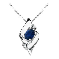 Natural Oval Sapphire and Diamond Pendant in 14K White Gold (Size-4x3mm)