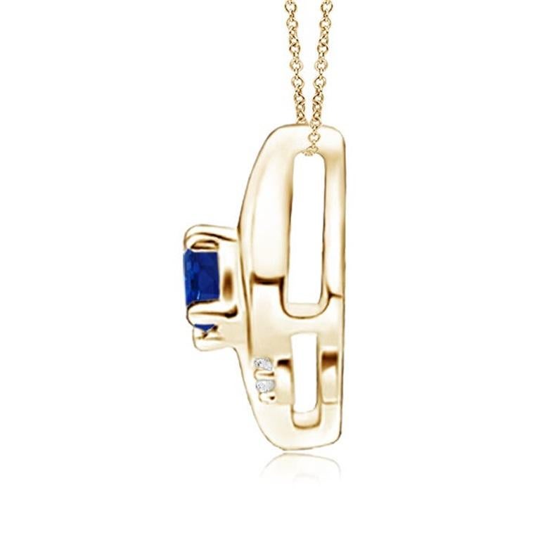 This gorgeous sapphire solitaire pendant features an alluring conch-like frame within which sits an oval, prong set blue sapphire. Sparkling round diamond accents add to the overall allure of the design. This titled oval sapphire pendant is designed