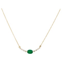 Natural Oval Shape Emerald & Diamond 14-Karat Curved Bar Necklace In Stock
