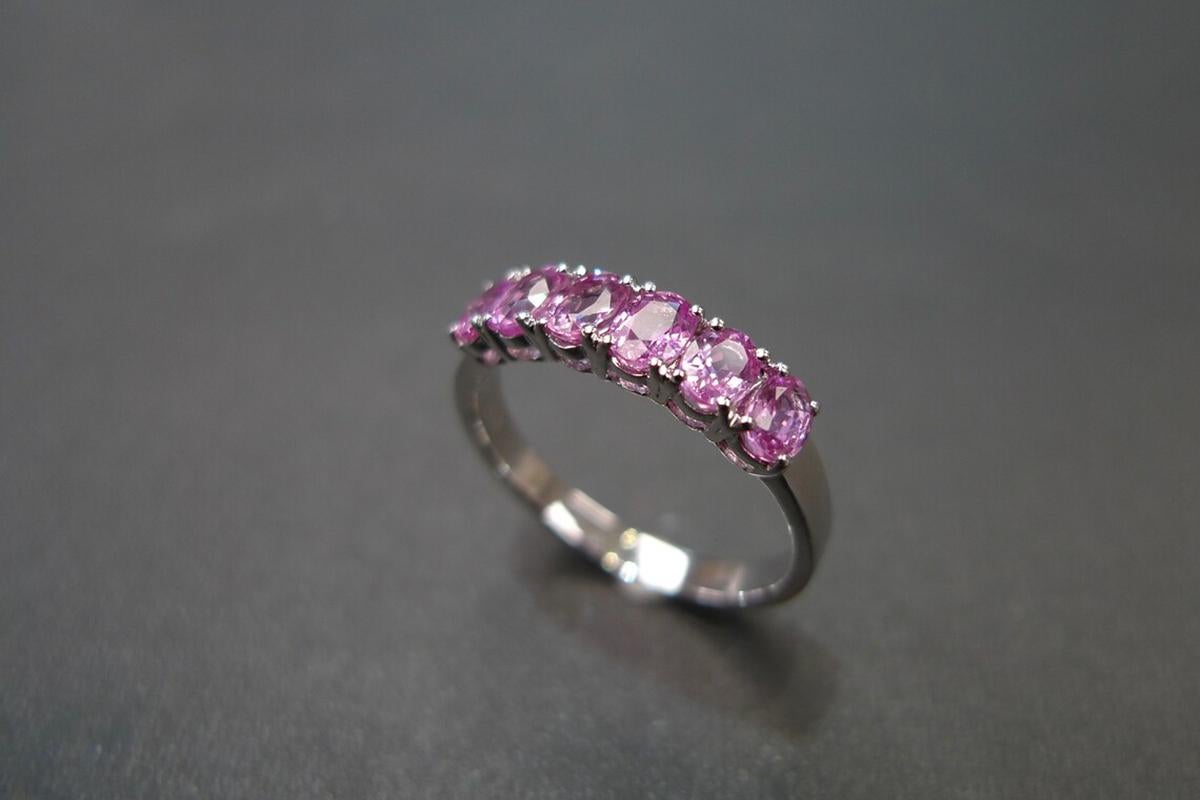 For Sale:  Natural Oval Shape Pink Sapphire Wedding Ring Band in 18K White Gold 2