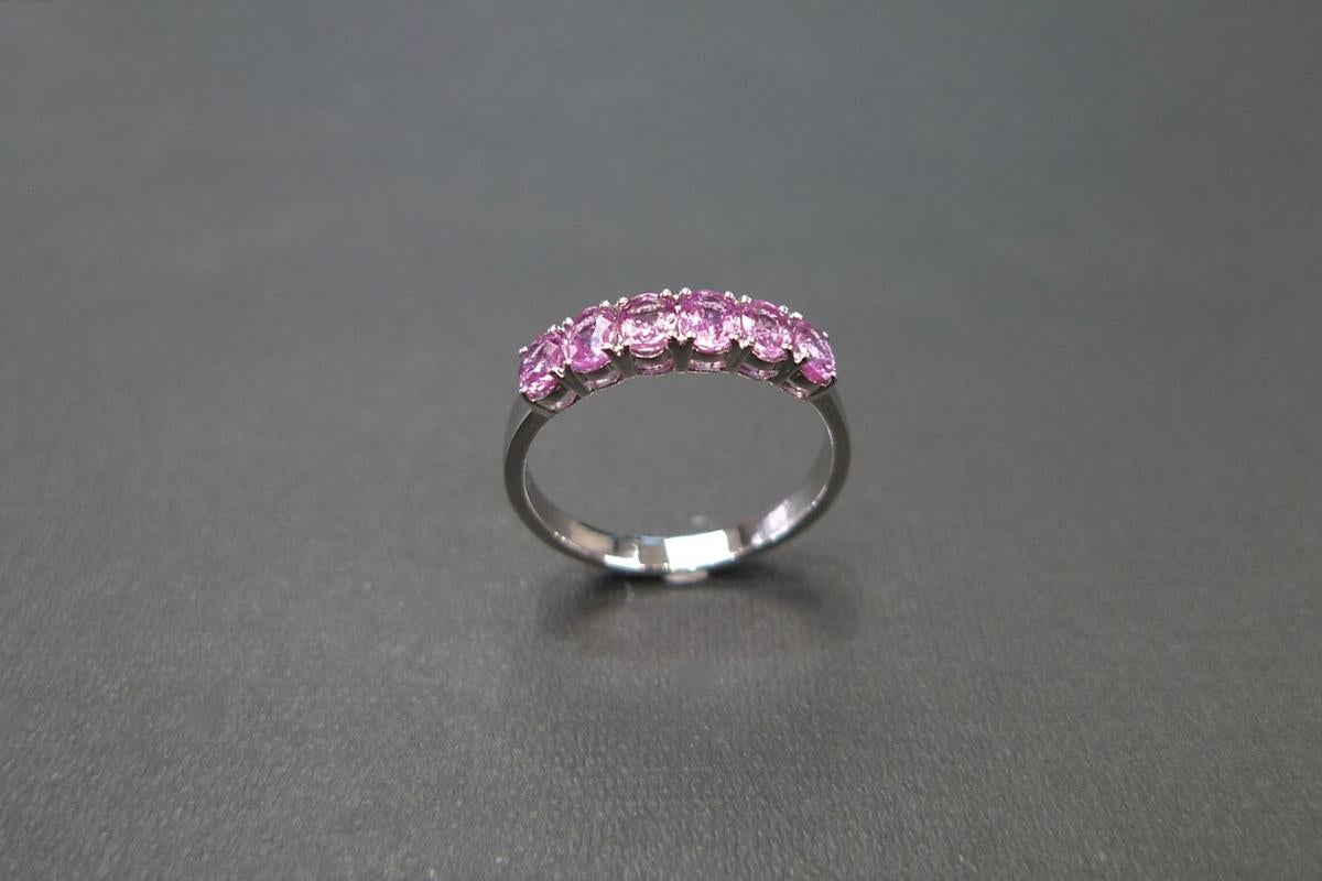 For Sale:  Natural Oval Shape Pink Sapphire Wedding Ring Band in 18K White Gold 7