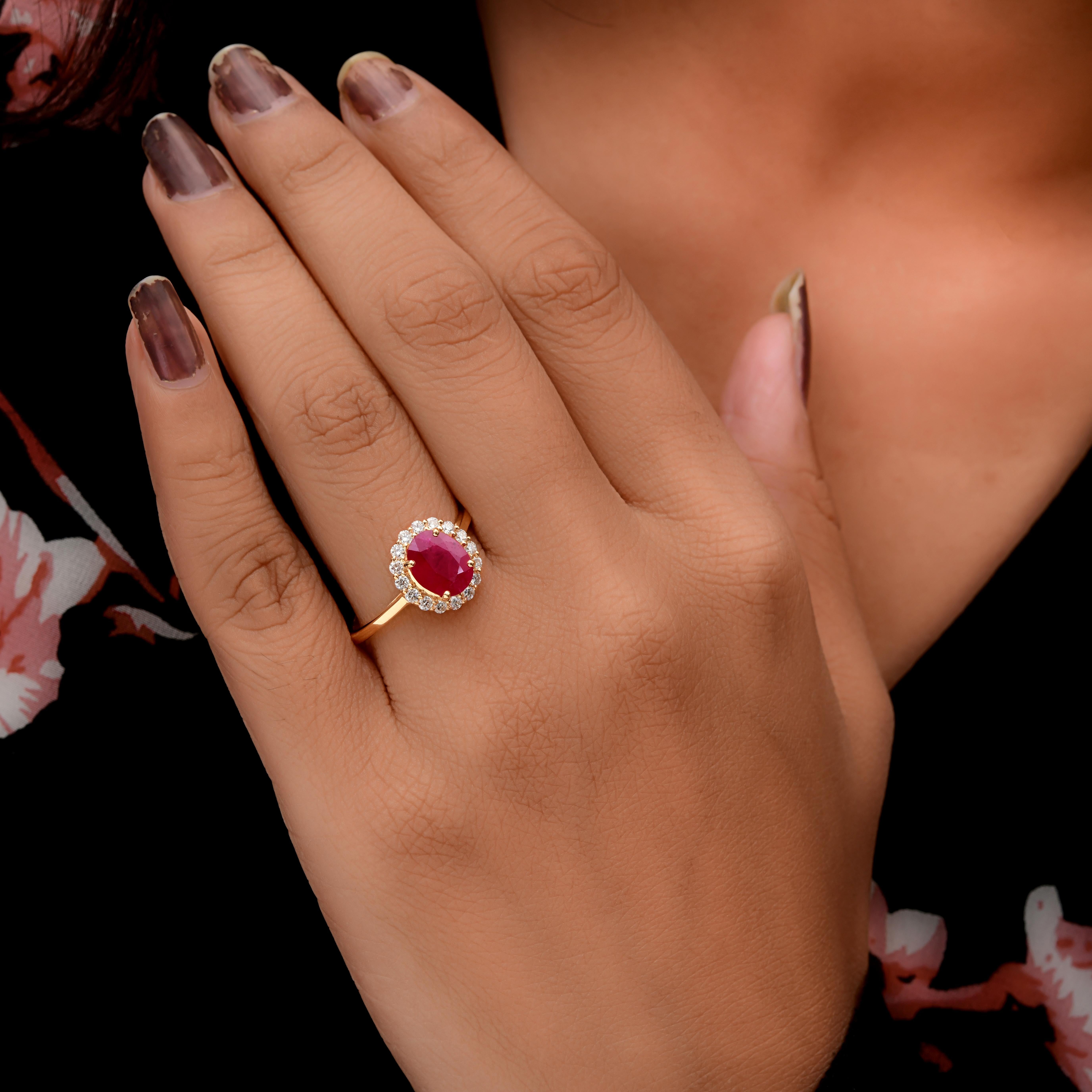 Modern Natural Oval Ruby SI/H Round Diamond Halo Cocktail Ring 14 Karat Yellow Gold For Sale