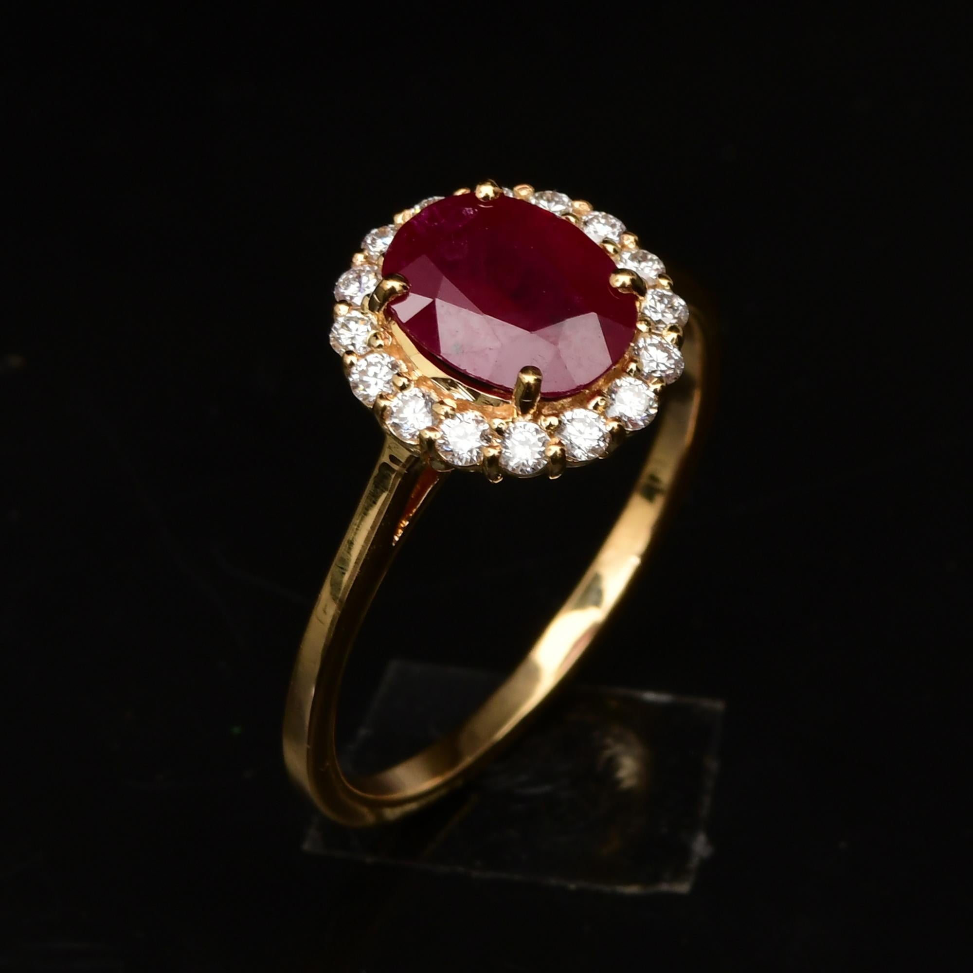 Oval Cut Natural Oval Ruby SI/H Round Diamond Halo Cocktail Ring 14 Karat Yellow Gold For Sale