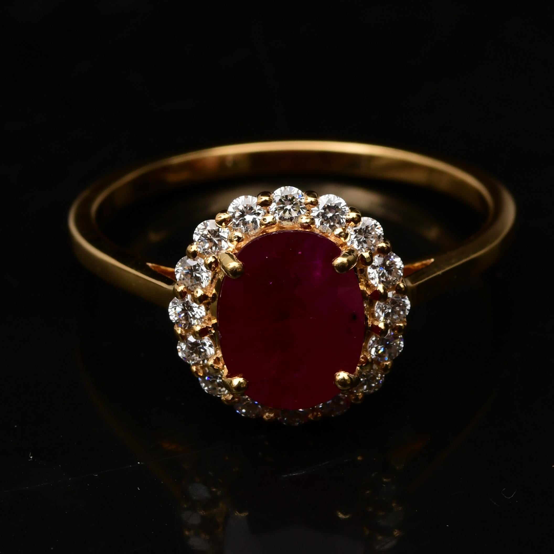 Women's Natural Oval Shape Ruby Diamond Halo Ring 18 Karat Yellow Gold Handmade Jewelry For Sale