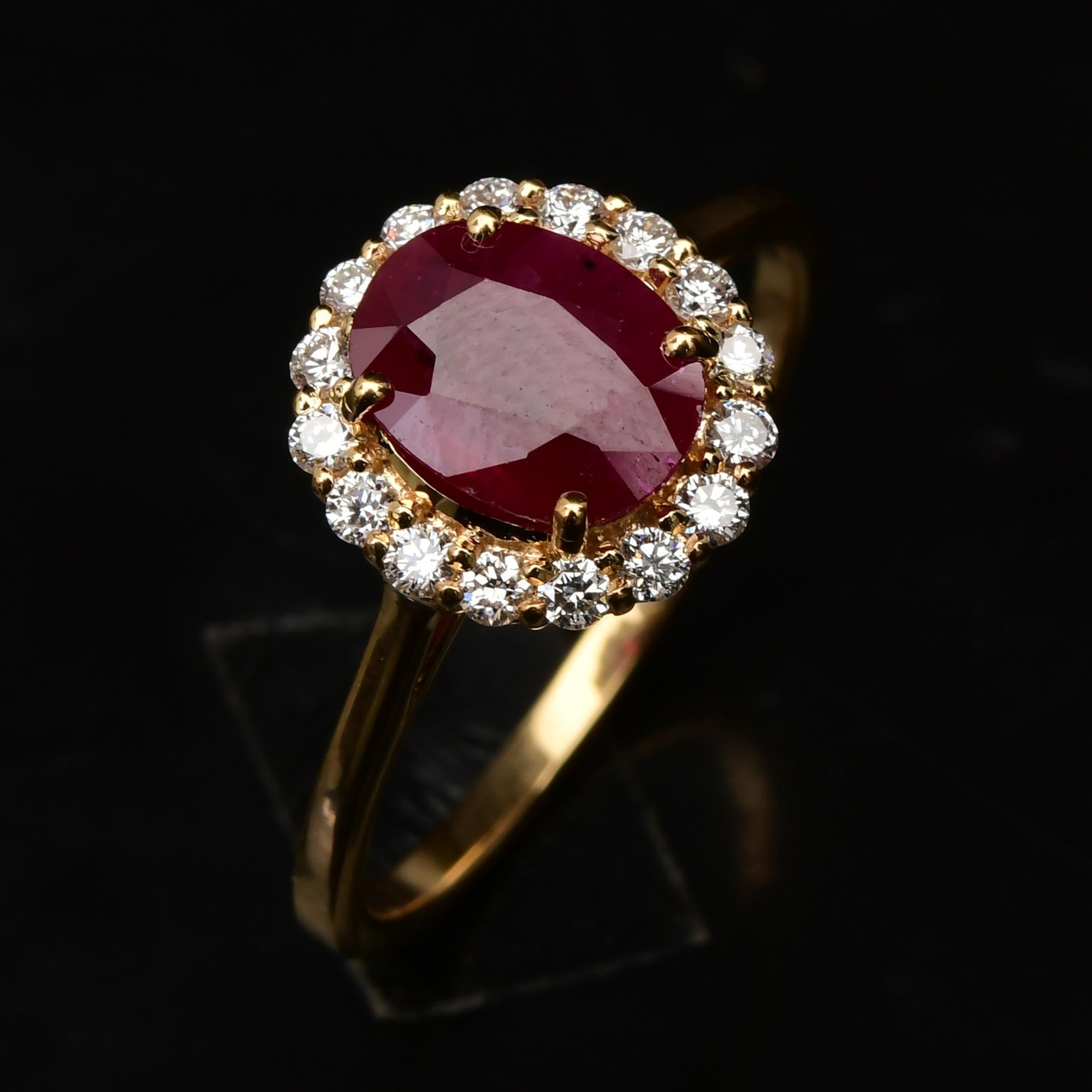 Natural Oval Shape Ruby Diamond Halo Ring 18 Karat Yellow Gold Handmade Jewelry For Sale 1