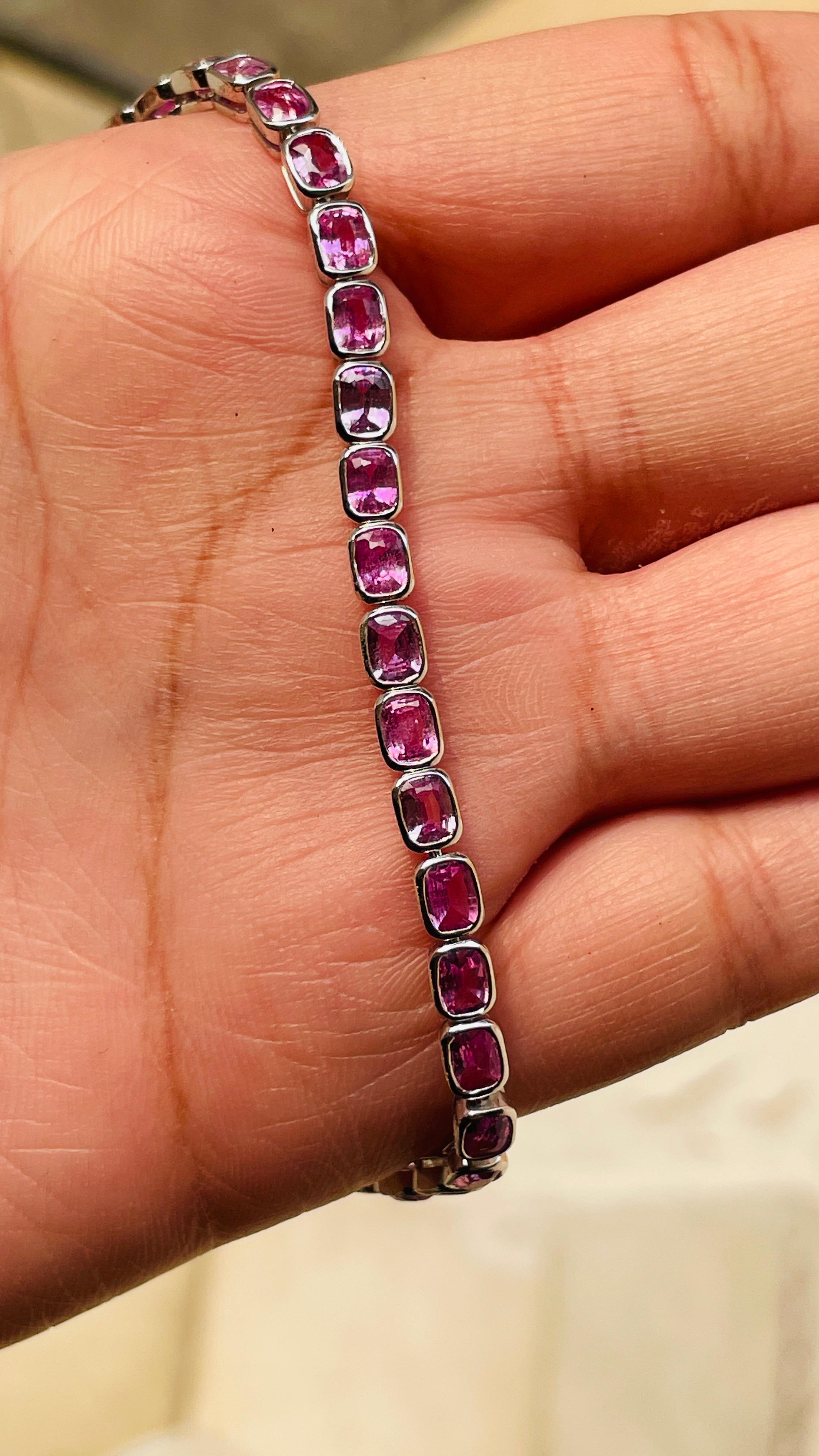 Natural Oval Shaped Pink Sapphire Tennis Bracelet in 18K White Gold  For Sale 6