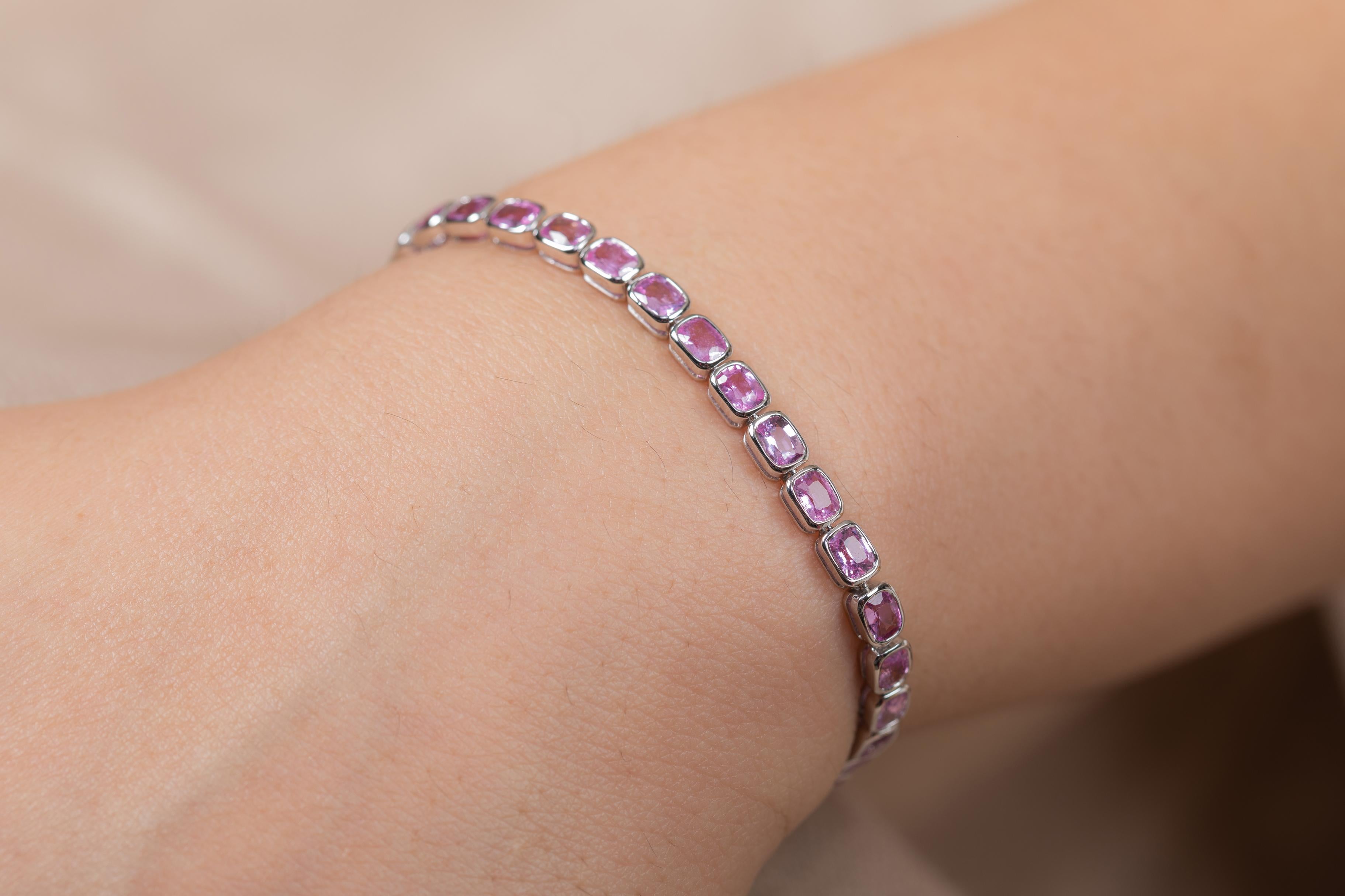 Natural Oval Shaped Pink Sapphire Tennis Bracelet in 18K White Gold  For Sale 5