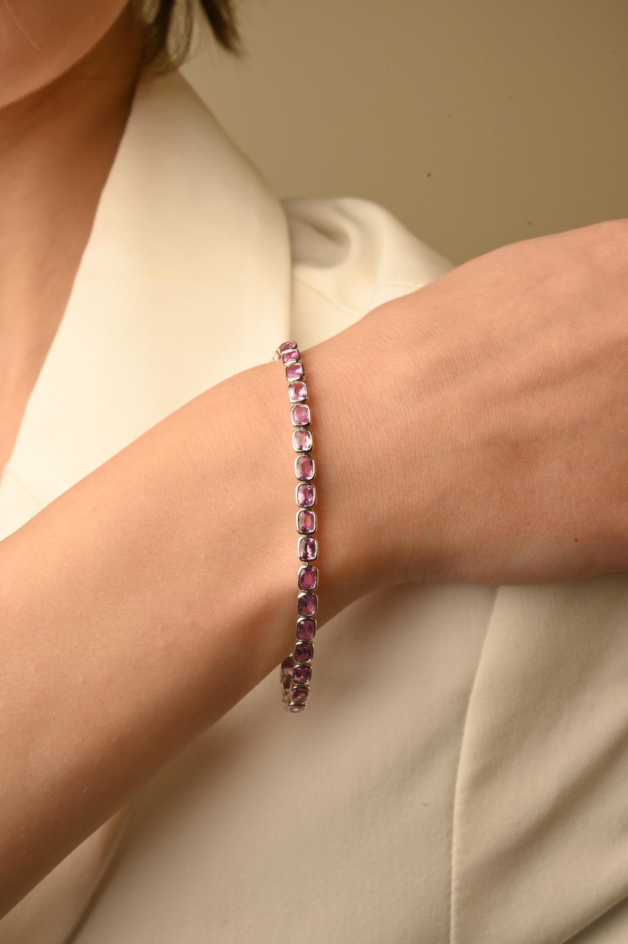Natural Oval Shaped Pink Sapphire Tennis Bracelet in 18K White Gold  For Sale 3