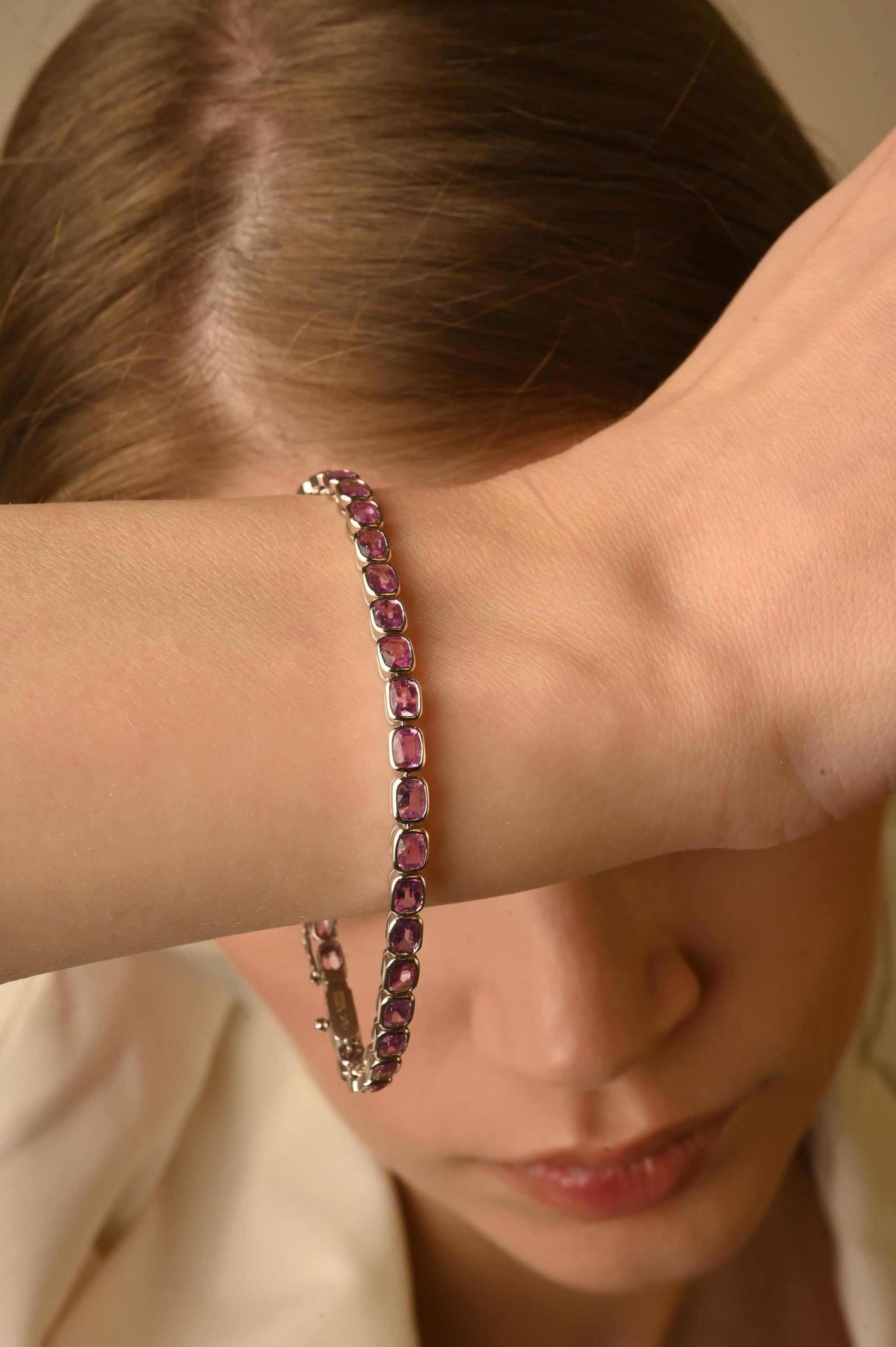 Natural Oval Shaped Pink Sapphire Tennis Bracelet in 18K White Gold  For Sale 7