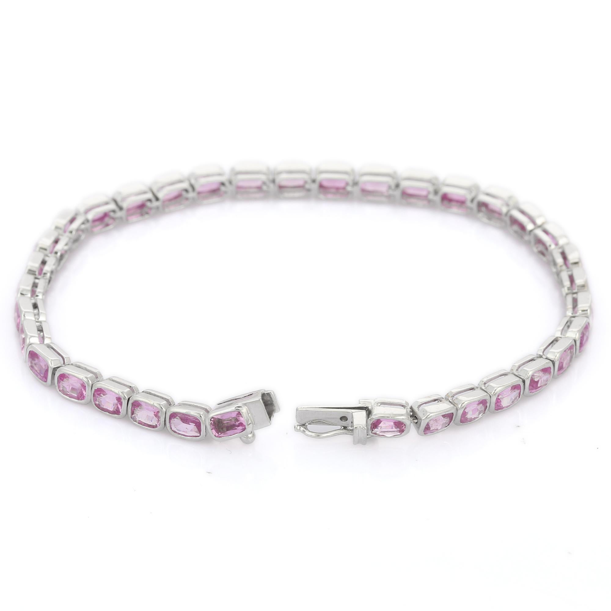 Women's Natural Oval Shaped Pink Sapphire Tennis Bracelet in 18K White Gold  For Sale