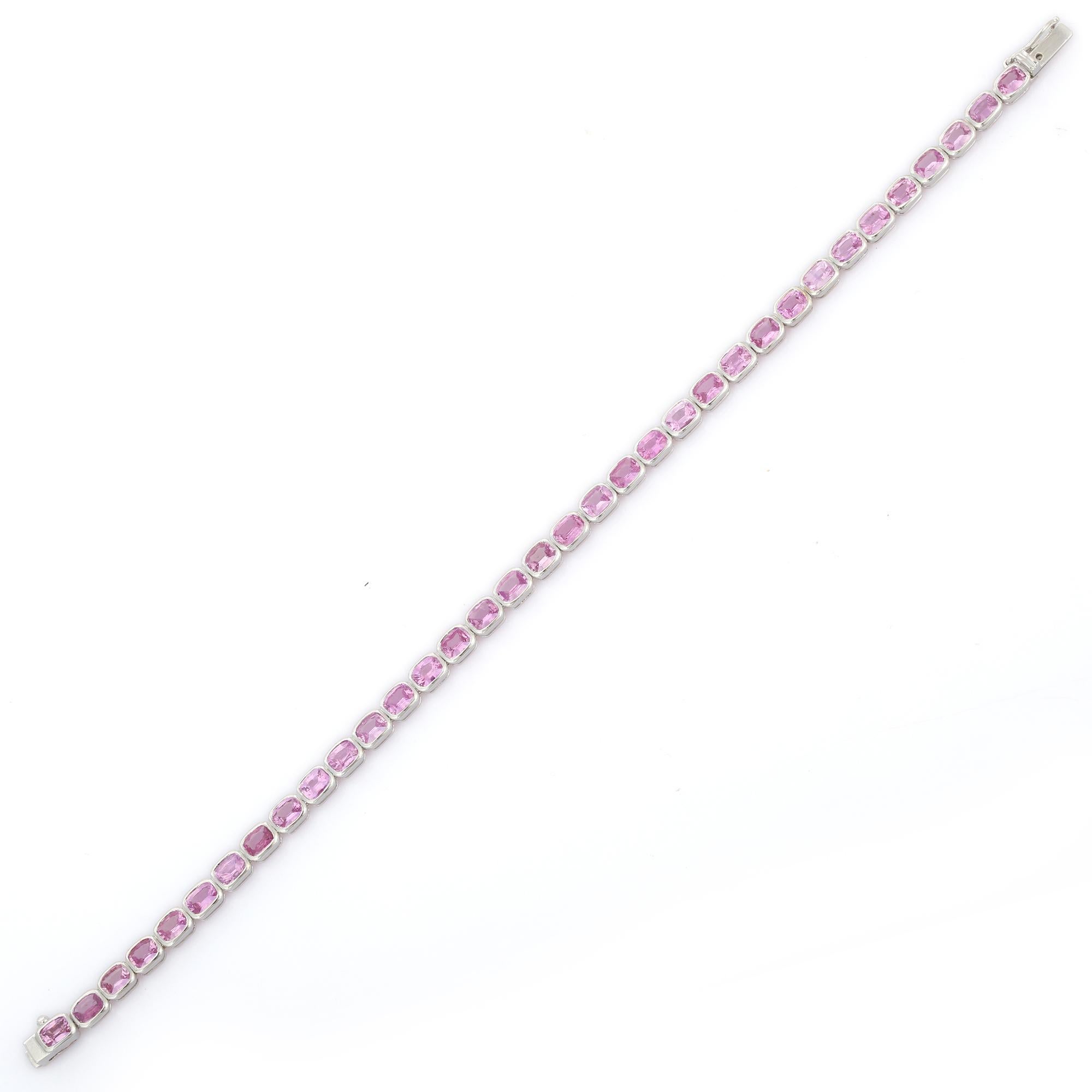 Natural Oval Shaped Pink Sapphire Tennis Bracelet in 18K White Gold  For Sale 4
