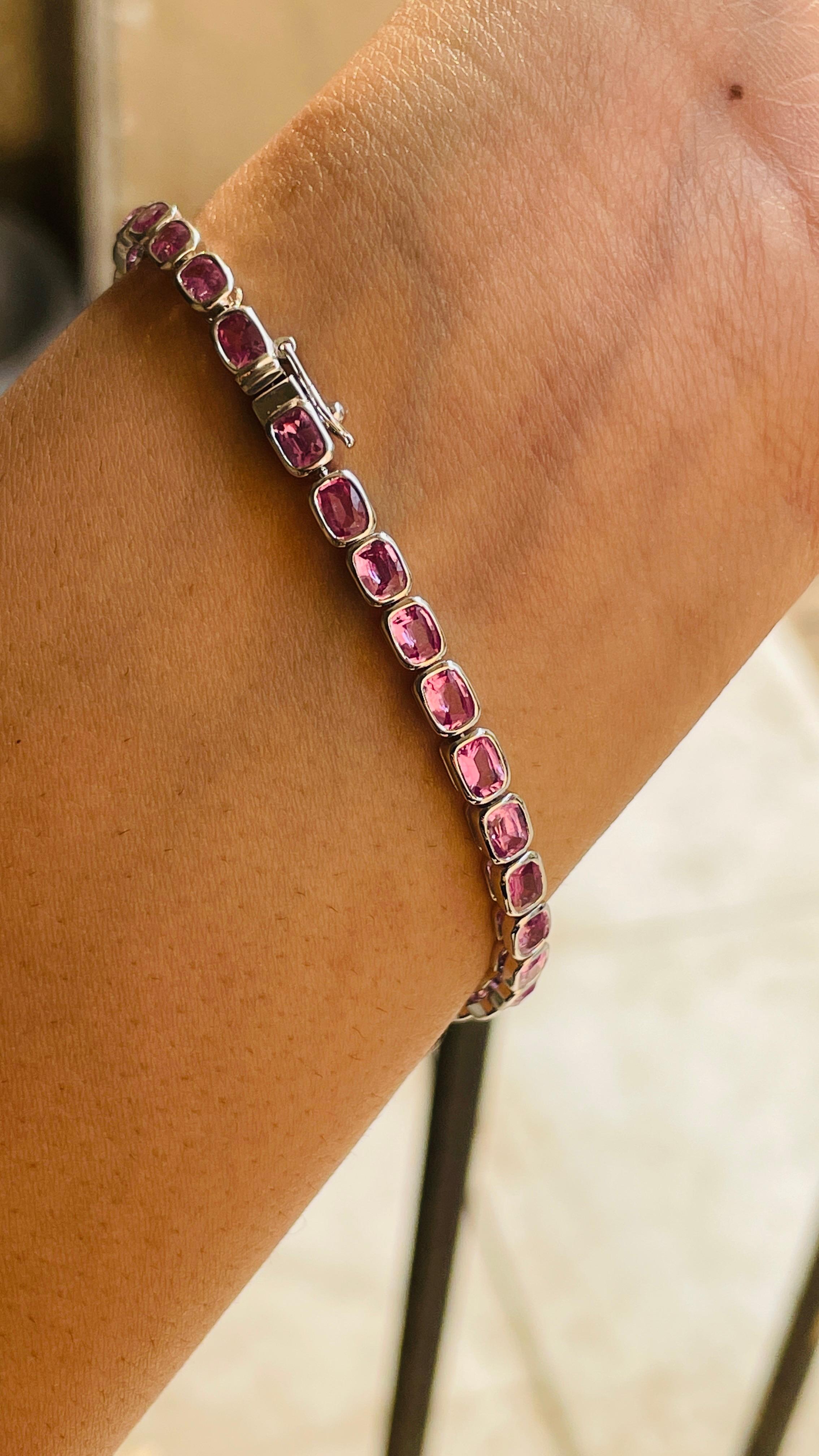 Natural Oval Shaped Pink Sapphire Tennis Bracelet in 18K White Gold  For Sale 1