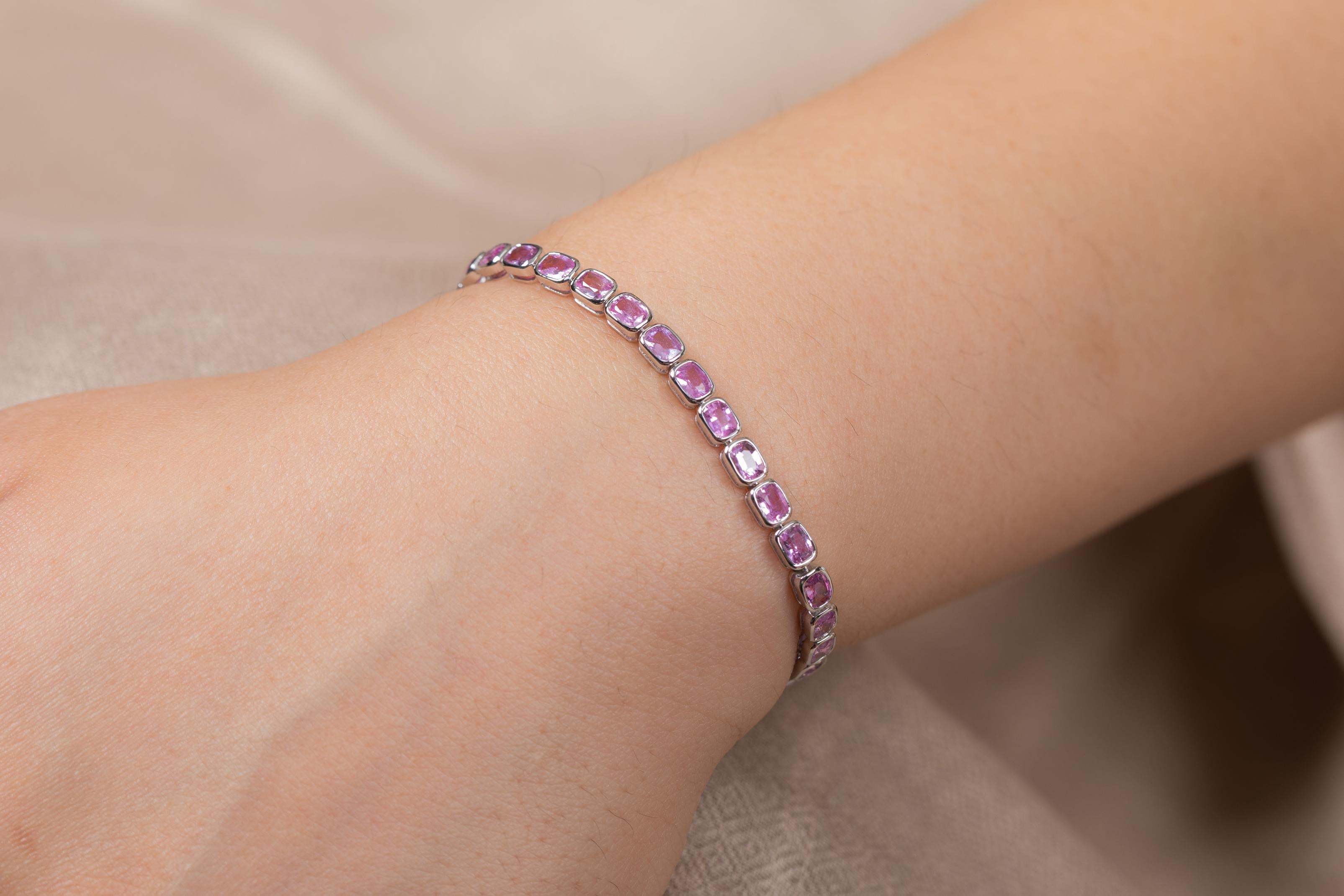 Natural Oval Shaped Pink Sapphire Tennis Bracelet in 18K White Gold  For Sale 2