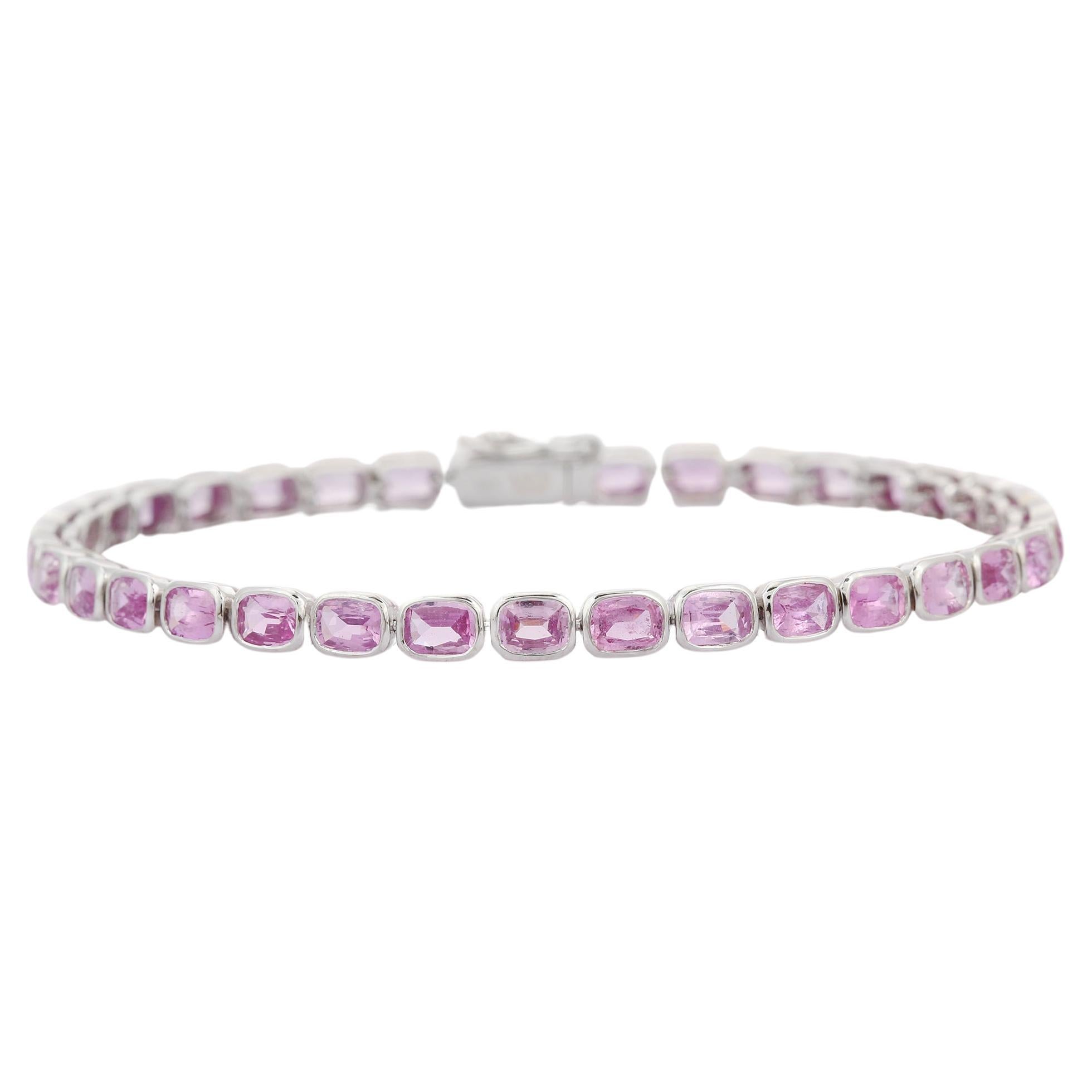 Natural Oval Shaped Pink Sapphire Tennis Bracelet in 18K White Gold  For Sale