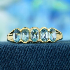 Natural Oval Sky Blue Topaz Vintage Style Five Stone Ring in Solid 9K Gold