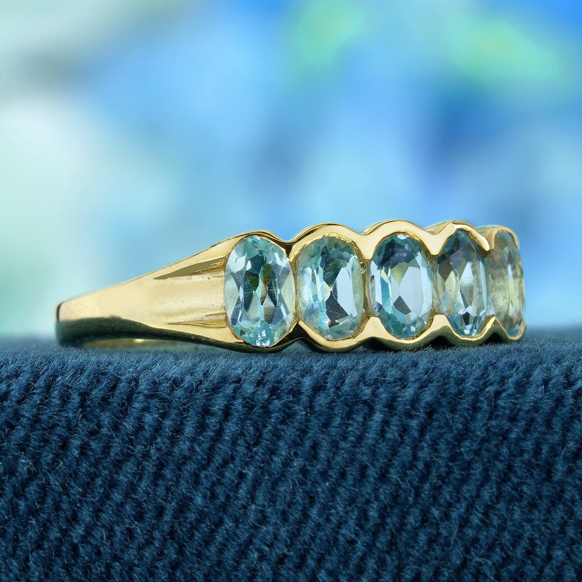 Edwardian Natural  Oval Sky Blue Topaz Vintage Style Five Stone Ring in Solid 9K Gold For Sale
