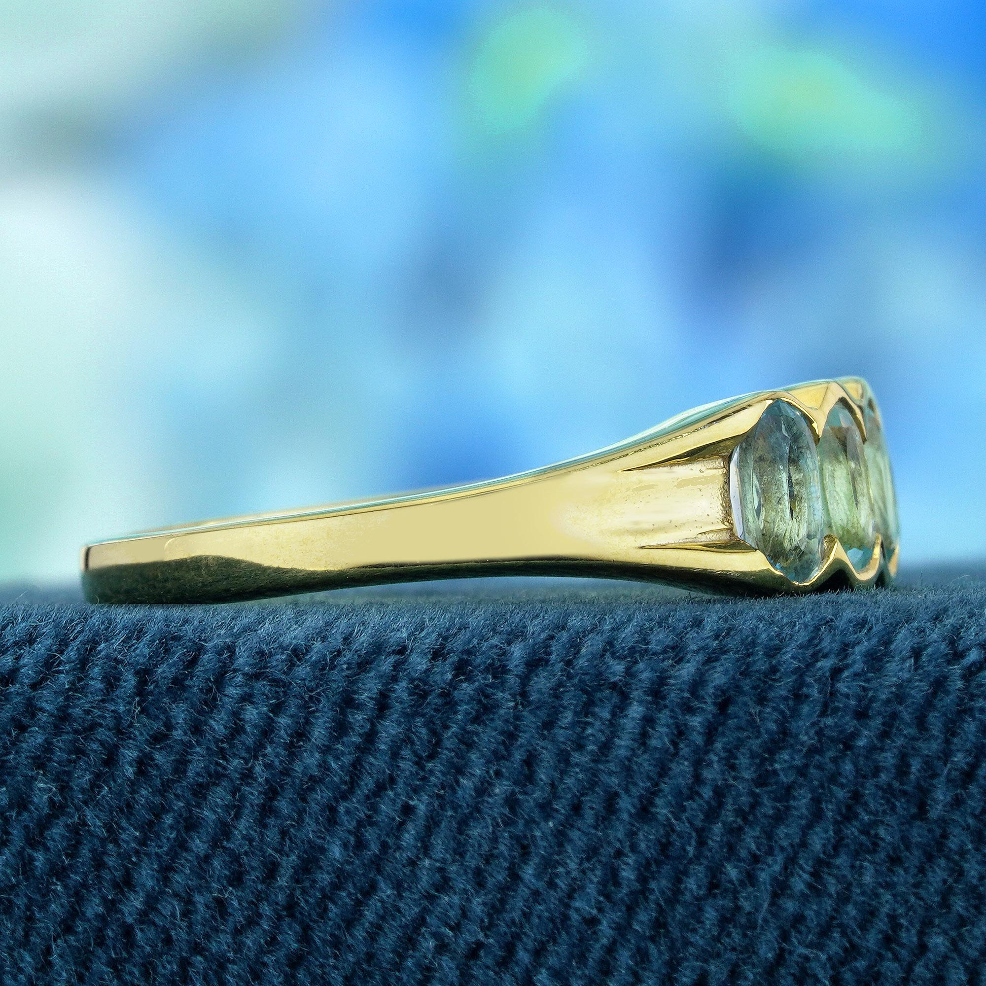 Oval Cut Natural  Oval Sky Blue Topaz Vintage Style Five Stone Ring in Solid 9K Gold For Sale