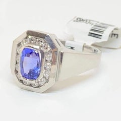Natural Oval Tanzanite & Diamond Halo Octagon Ring Platinum 1.01 Carat