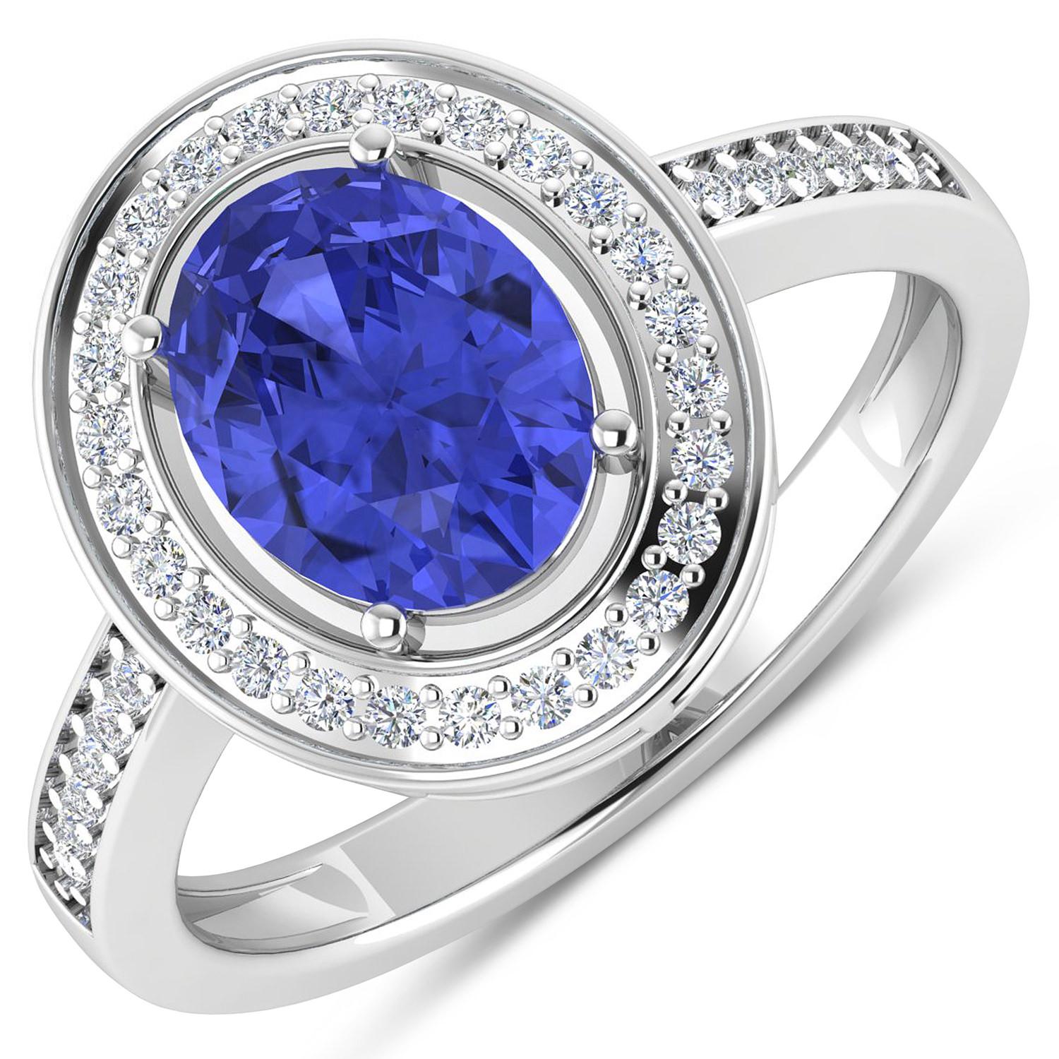 Natürlicher ovaler Tansanit Ring mit Diamant-Halo 14K Weißgold für Damen oder Herren im Angebot