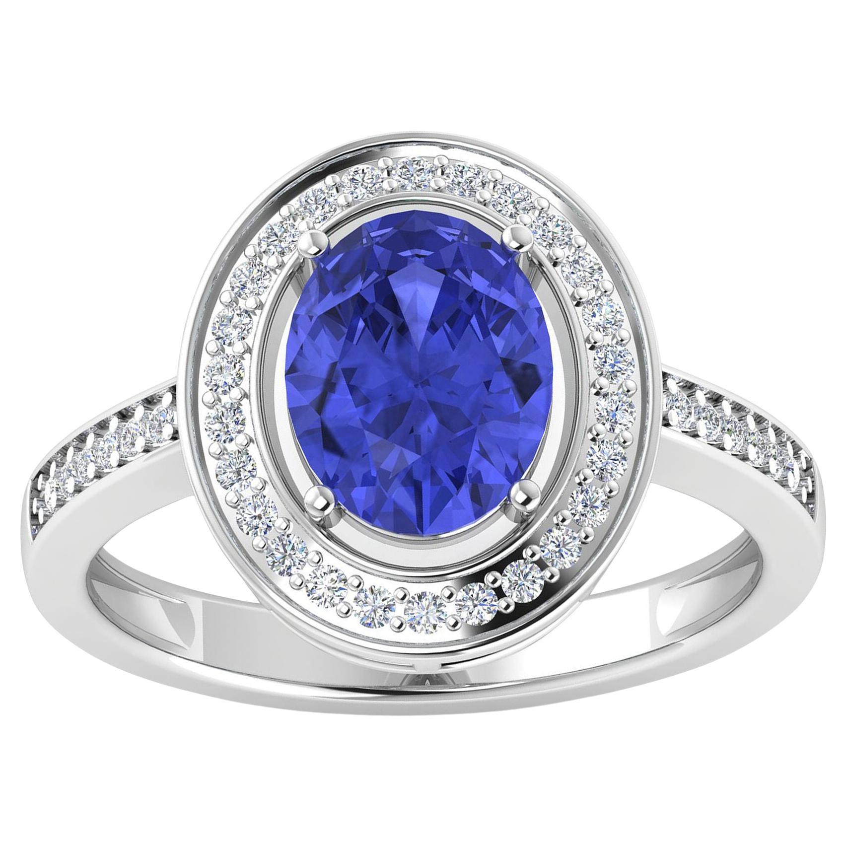 Natural Oval Tanzanite Ring Diamond Halo 14K White Gold For Sale