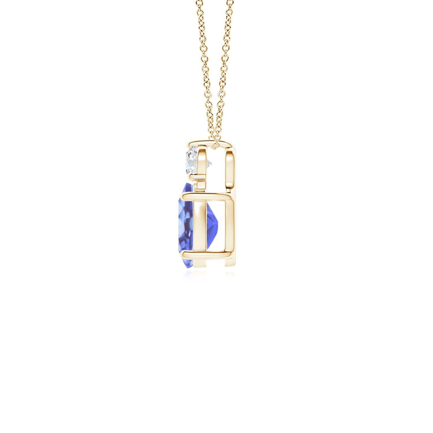 An oval tanzanite is topped with a glimmering round diamond, both held in prong settings. The alluring bluish-violet hue of the tanzanite is elevated by the diamond's unending sparkle. To add a dash of exquisiteness, this classic solitaire tanzanite