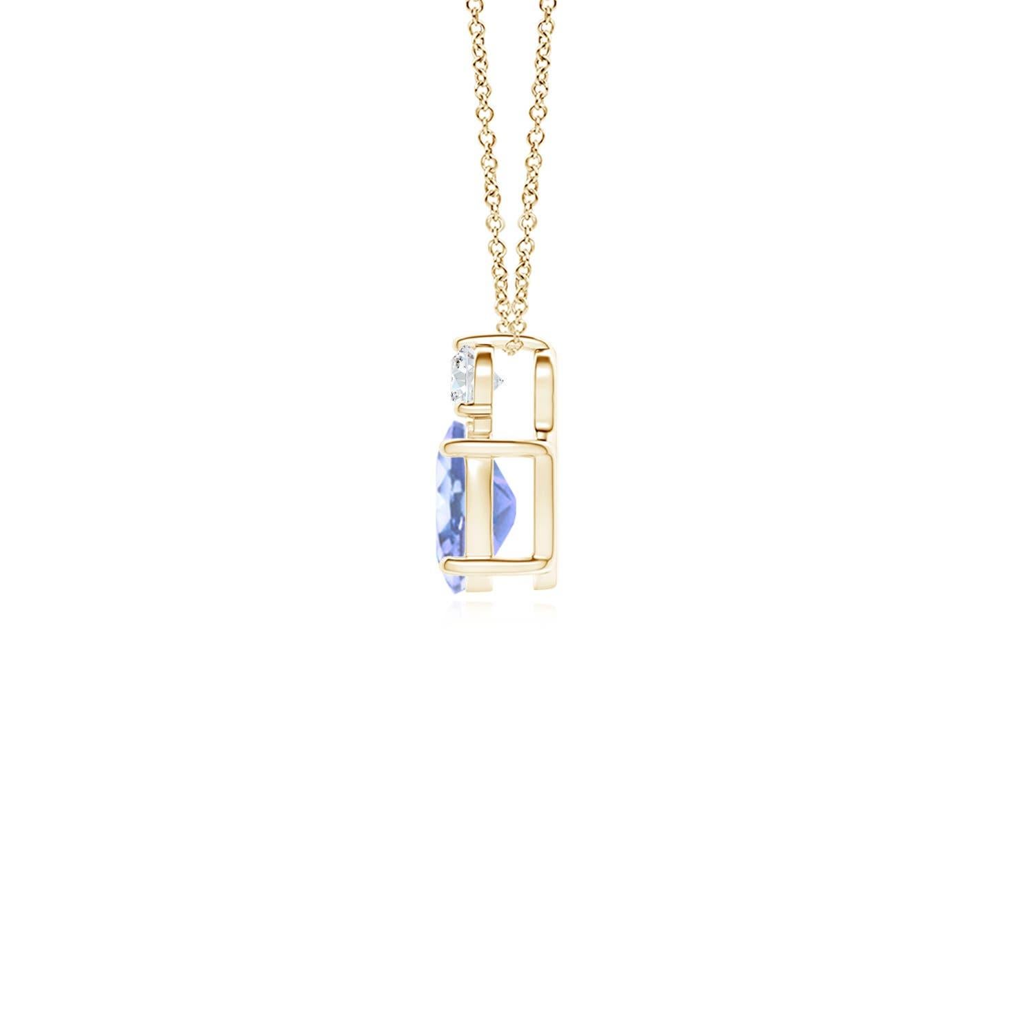 An oval tanzanite is topped with a glimmering round diamond, both held in prong settings. The alluring bluish-violet hue of the tanzanite is elevated by the diamond's unending sparkle. To add a dash of exquisiteness, this classic solitaire tanzanite
