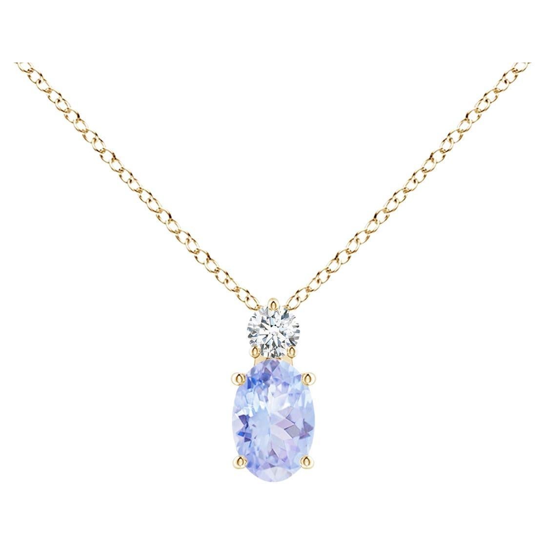 Natürlicher ovaler Tansanit Solitär-Anhänger mit Diamant in 18 Karat Gelbgold