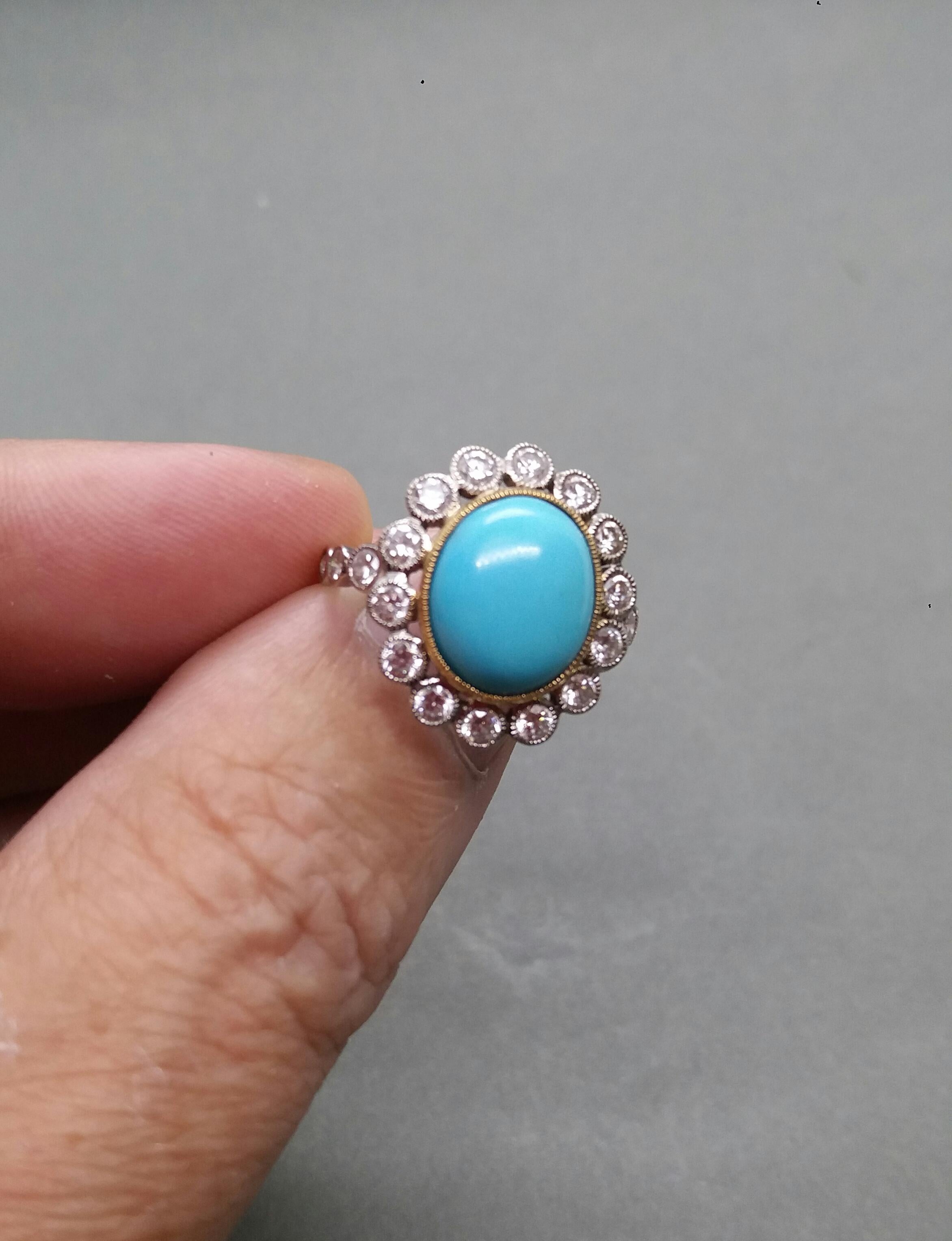 Natural Oval Turquoise Diamonds Two Tones 14kt Gold Vintage Style Cocktail Ring For Sale 4