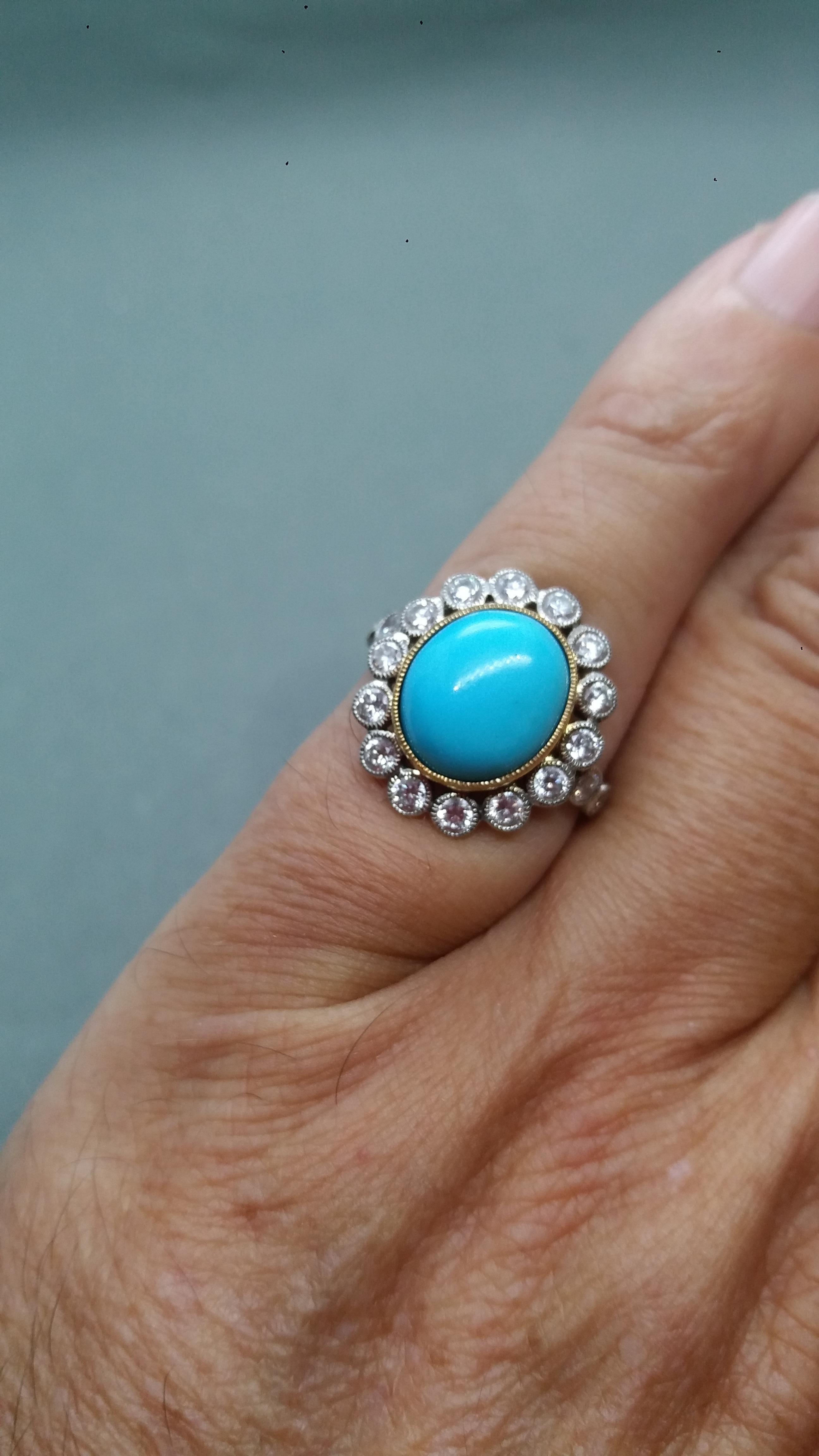 Natural Oval Turquoise Diamonds Two Tones 14kt Gold Vintage Style Cocktail Ring For Sale 5