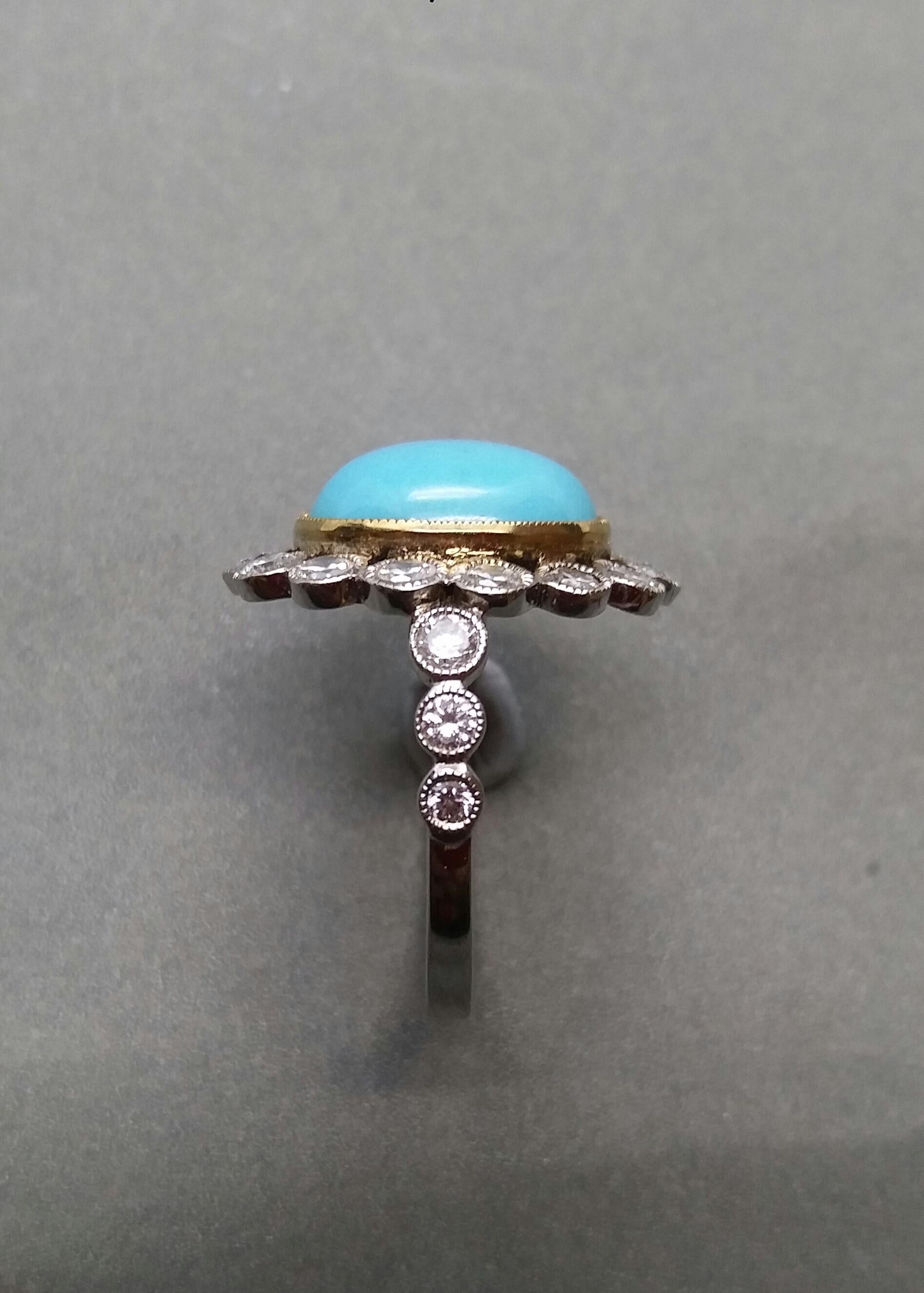 Art Deco Natural Oval Turquoise Diamonds Two Tones 14kt Gold Vintage Style Cocktail Ring For Sale
