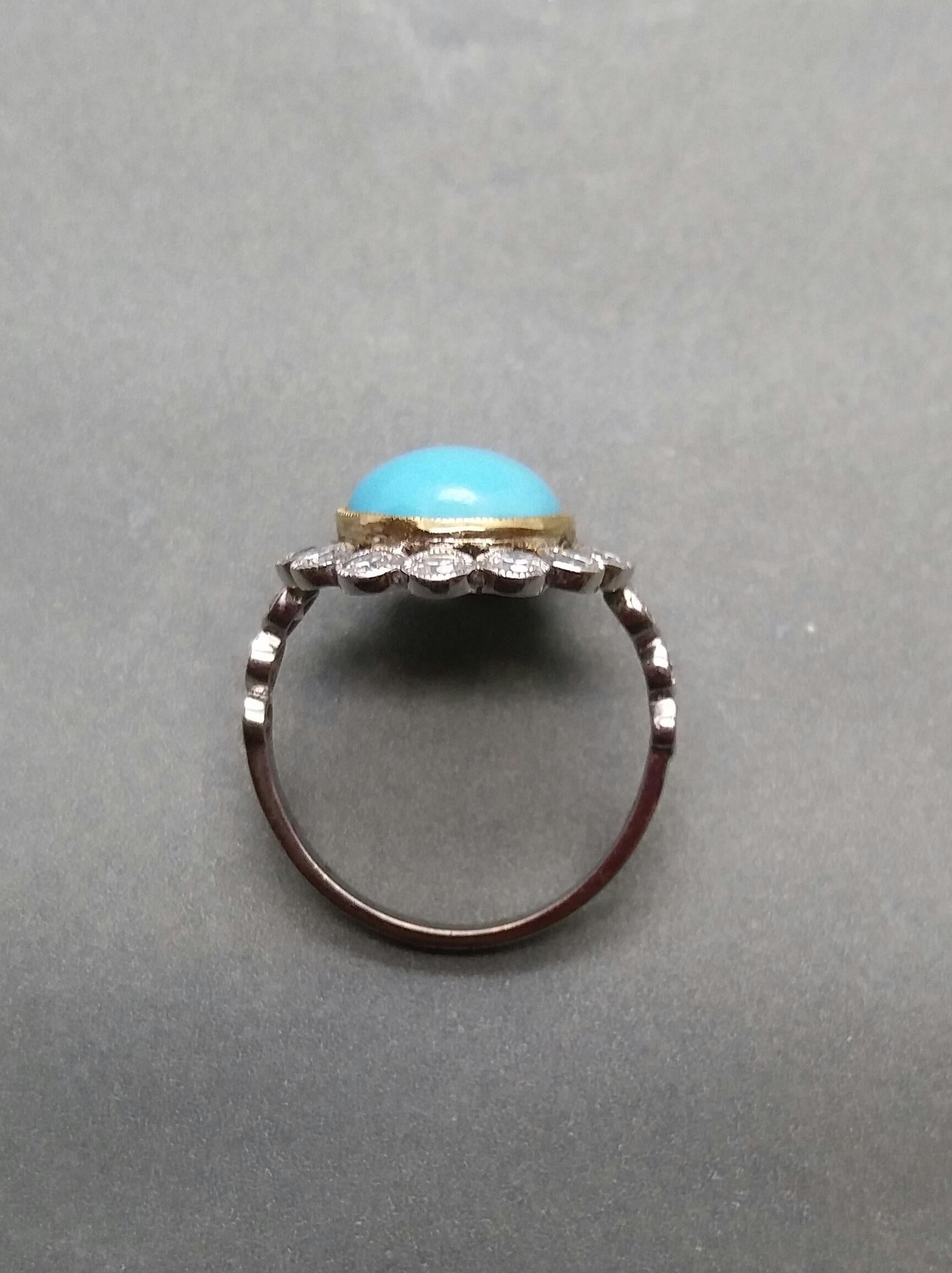 Oval Cut Natural Oval Turquoise Diamonds Two Tones 14kt Gold Vintage Style Cocktail Ring For Sale