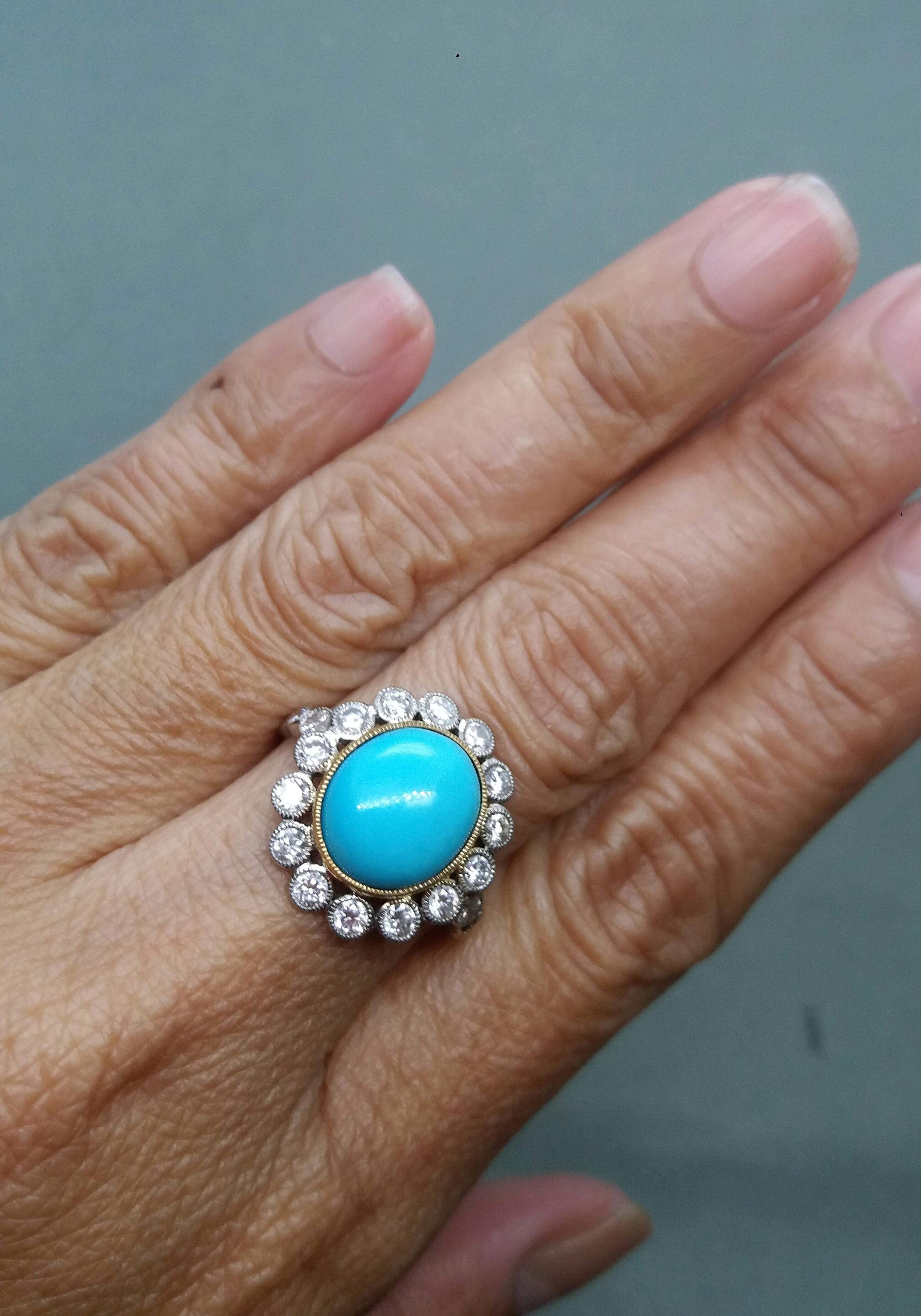 Women's Natural Oval Turquoise Diamonds Two Tones 14kt Gold Vintage Style Cocktail Ring For Sale
