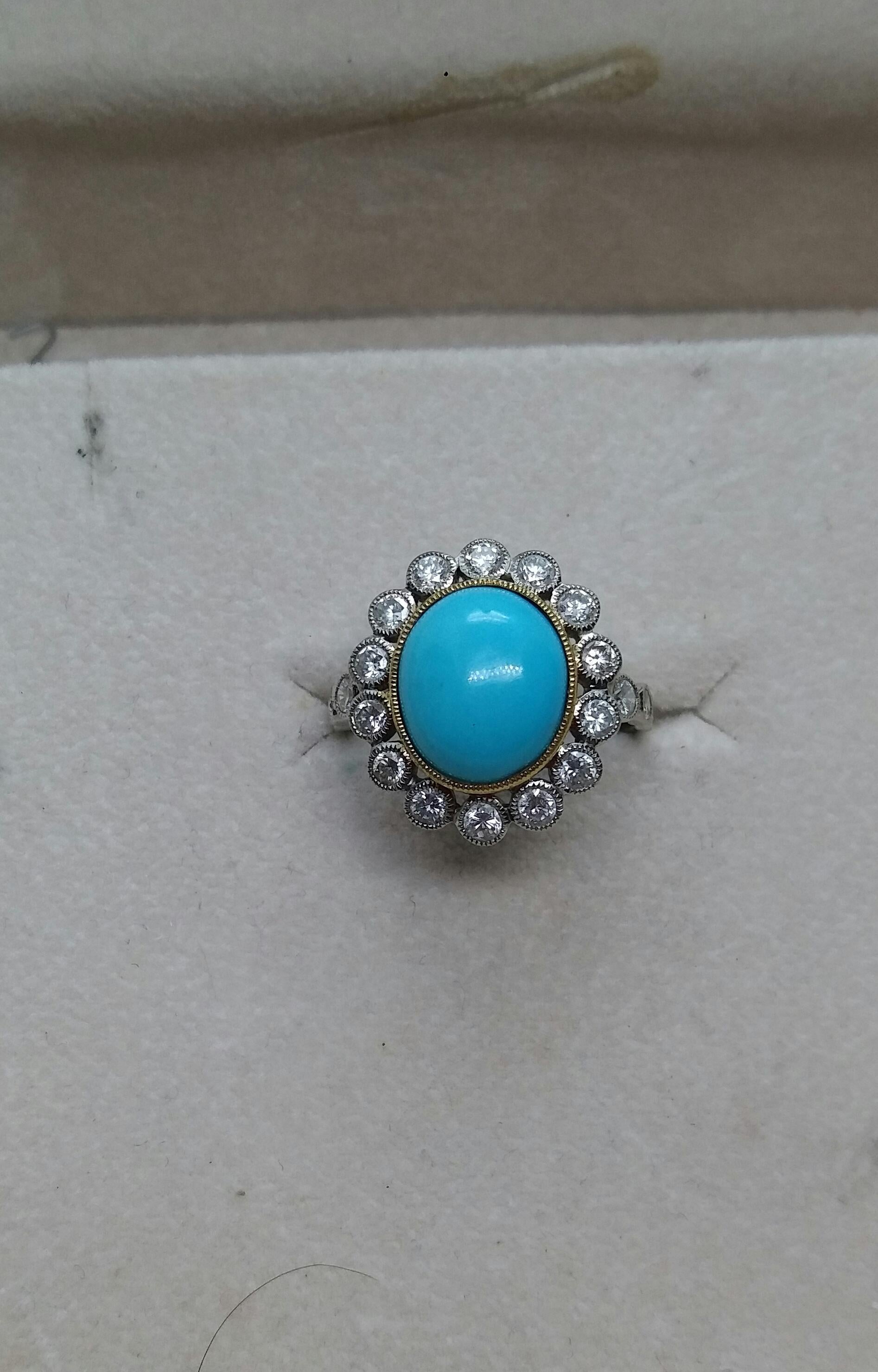 Natural Oval Turquoise Diamonds Two Tones 14kt Gold Vintage Style Cocktail Ring For Sale 1