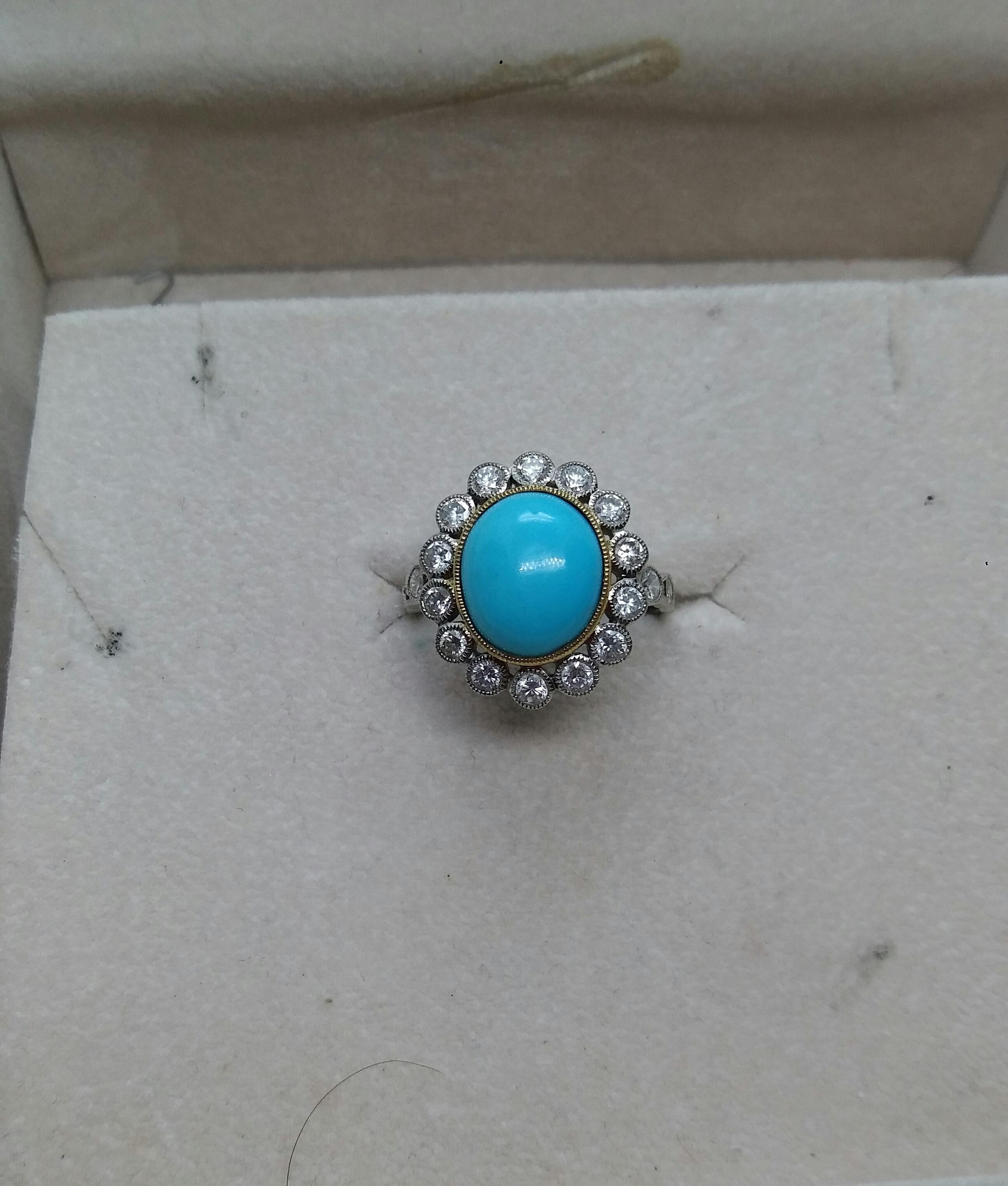 Natural Oval Turquoise Diamonds Two Tones 14kt Gold Vintage Style Cocktail Ring For Sale 2
