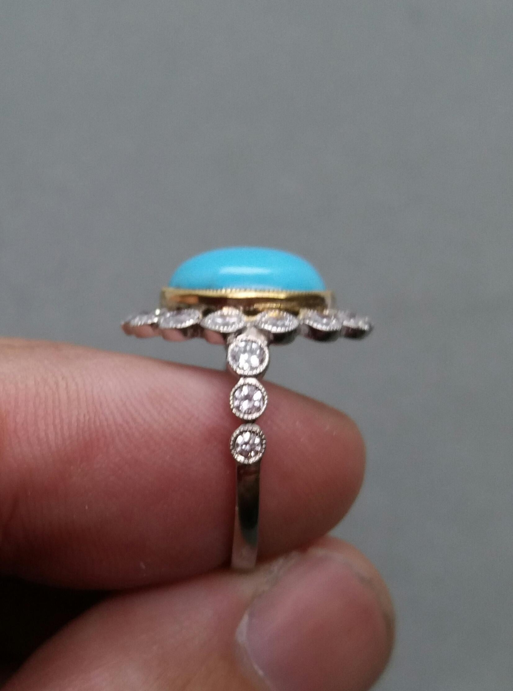 Natural Oval Turquoise Diamonds Two Tones 14kt Gold Vintage Style Cocktail Ring For Sale 3