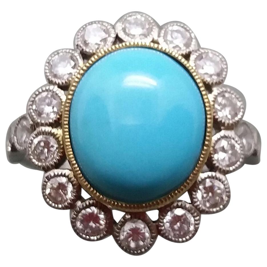 Natural Oval Turquoise Diamonds Two Tones 14kt Gold Vintage Style Cocktail Ring For Sale