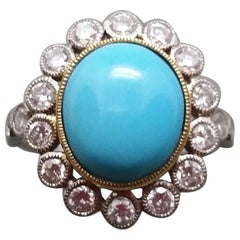 Natural Oval Turquoise Diamonds Two Tones 14kt Gold Antique Style Cocktail Ring