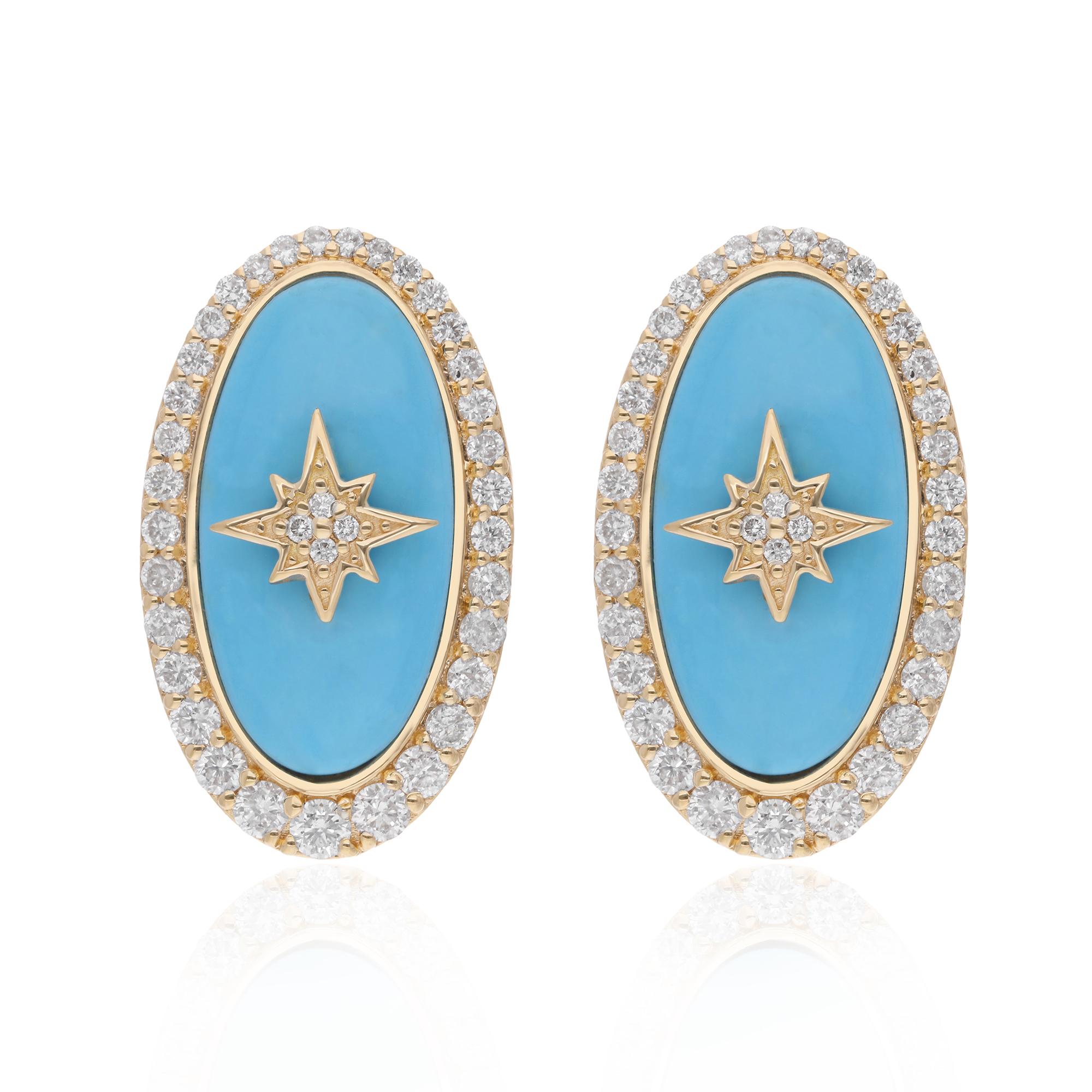 Indulge in the celestial allure of these Natural Oval Turquoise Starburst Earrings, where the timeless elegance of turquoise meets the radiant sparkle of diamonds, all embraced within the warmth of 14 Karat Yellow Gold. Crafted to captivate, these