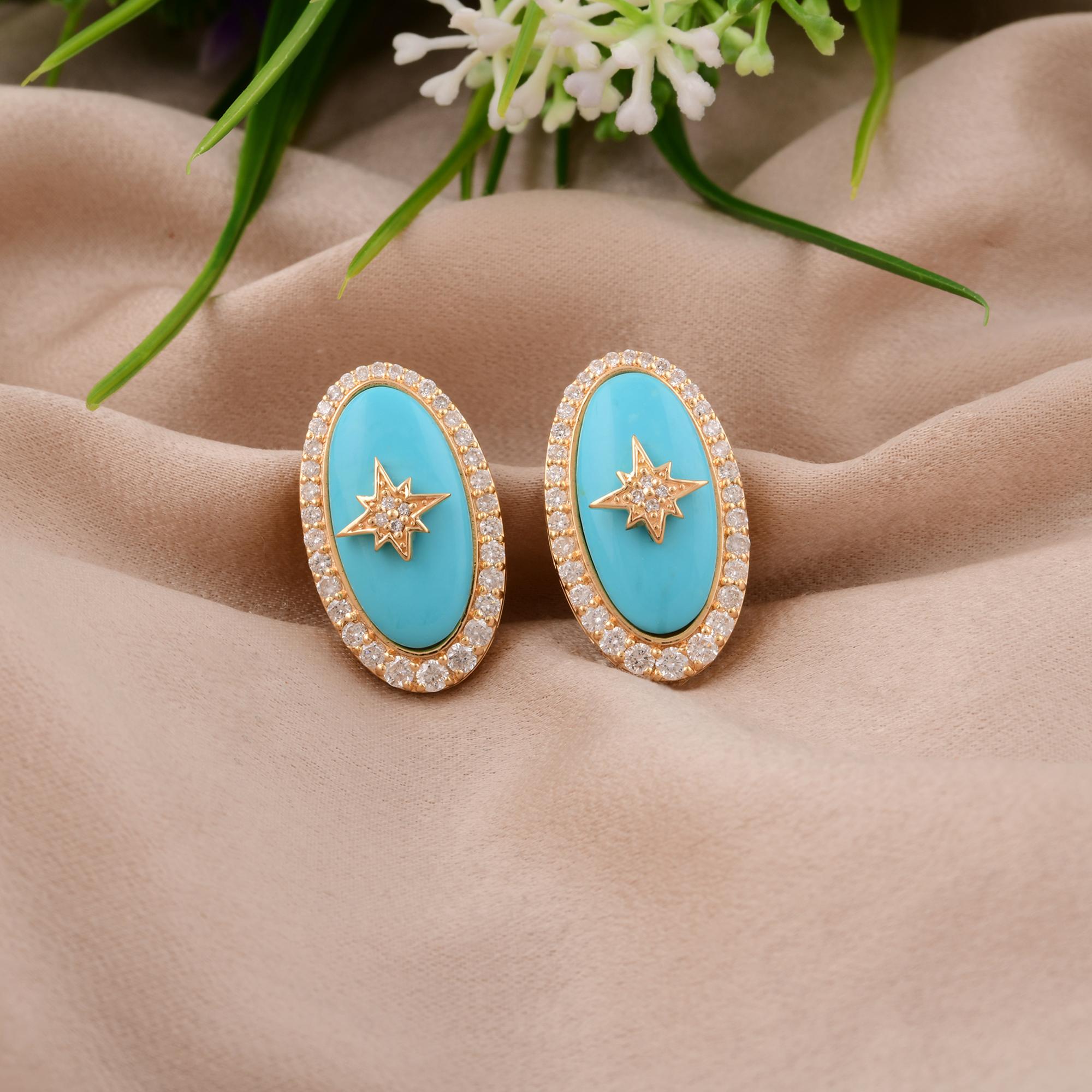 Oval Cut Natural Oval Turquoise Starburst Earrings Diamond 14 Karat Yellow Gold Jewelry For Sale