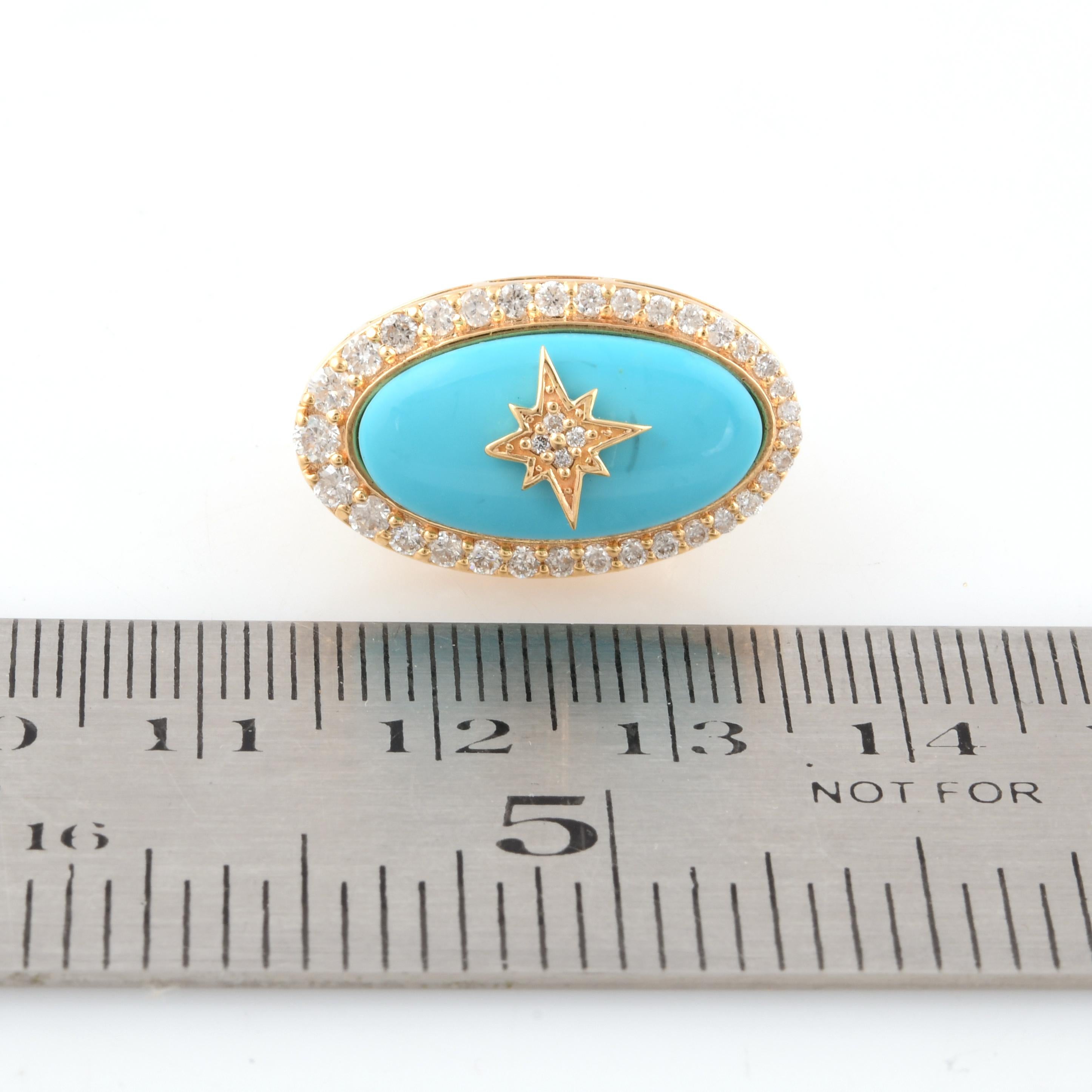 Natural Oval Turquoise Starburst Earrings Diamond 14 Karat Yellow Gold Jewelry For Sale 1