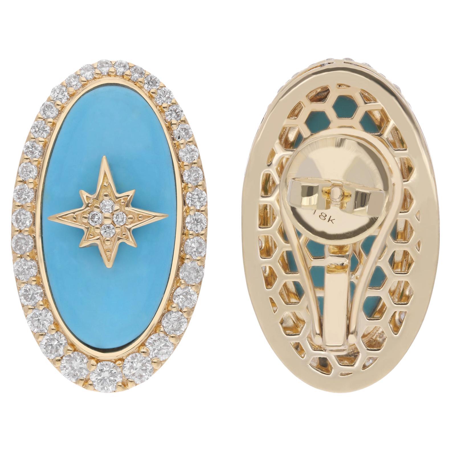 Natural Oval Turquoise Starburst Earrings Diamond 14 Karat Yellow Gold Jewelry