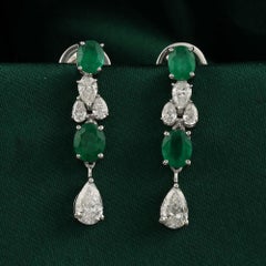 Natural Oval Zambian Emerald Pear Diamond Drop Earrings 18 Karat White Gold