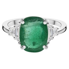 Natural Oval Zambian Emerald Three-Stone Diamond Ring, White Gold