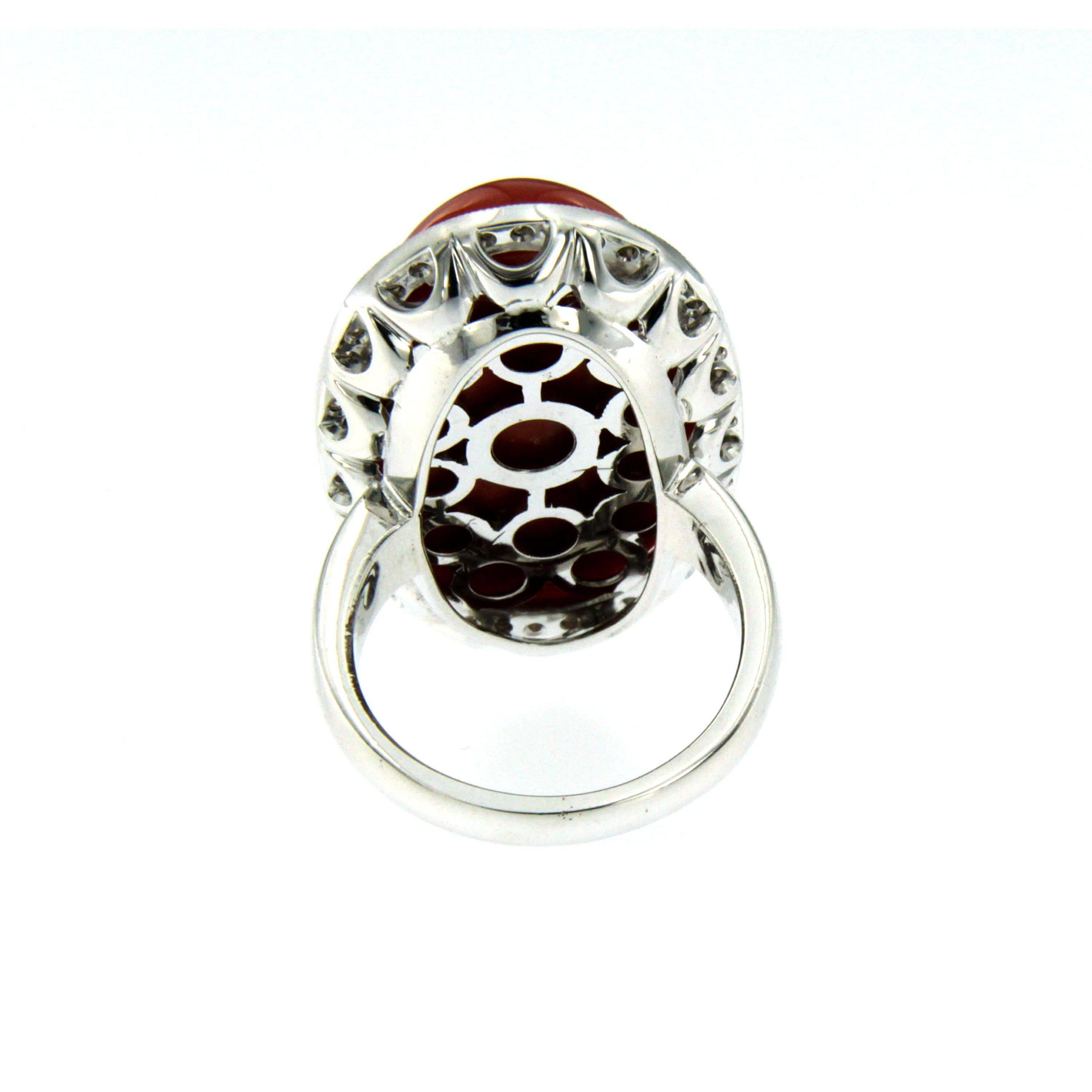 Women's or Men's Estate Italian Natural Coral Diamond Gold Ring