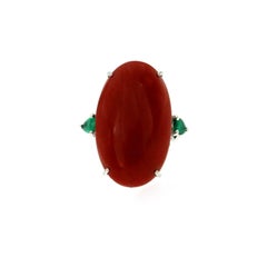 Natural Oxblood Aka Coral Emerald Diamond Cocktail Gold Ring