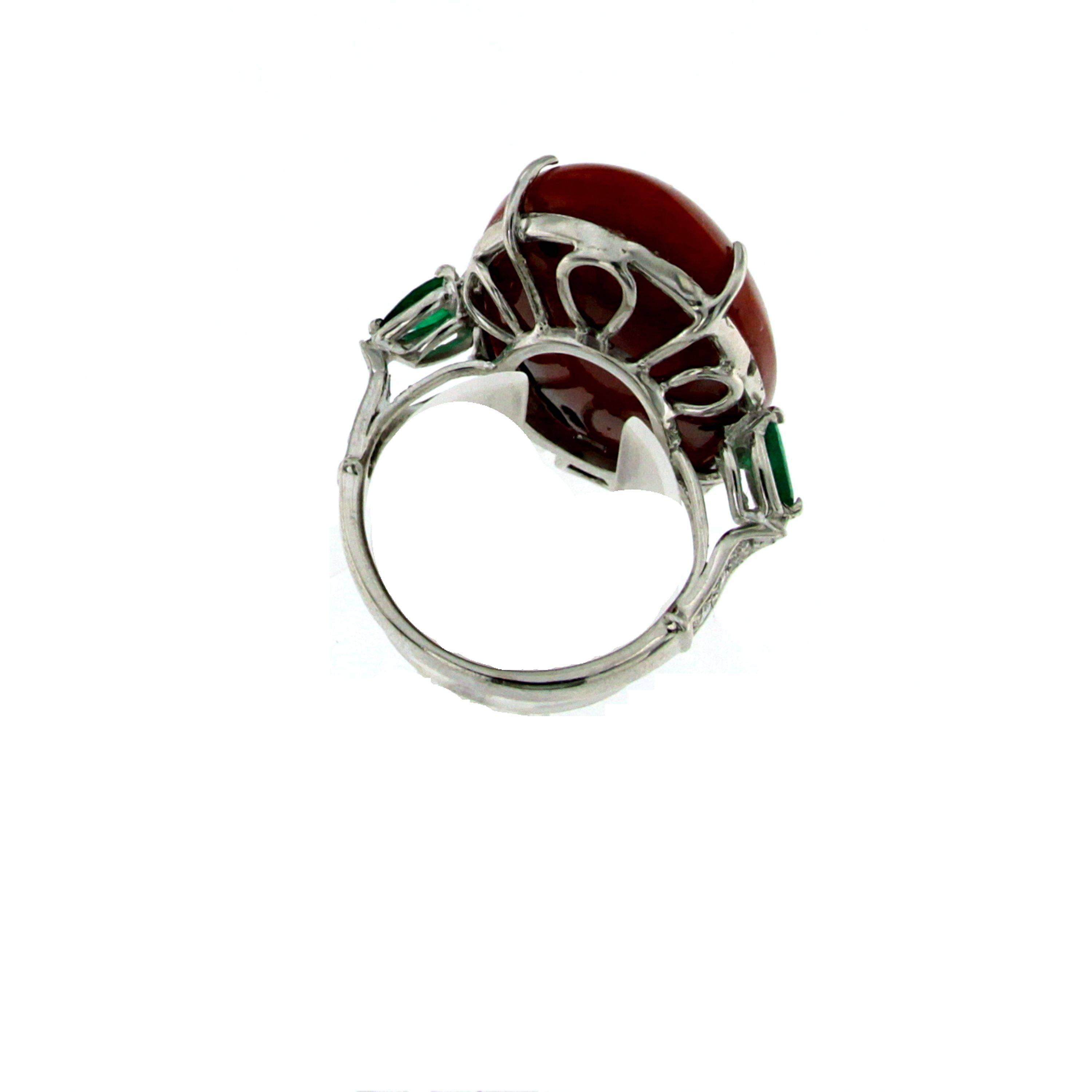 Natural Oxblood Aka Coral Emerald Diamond Cocktail Gold Ring 1