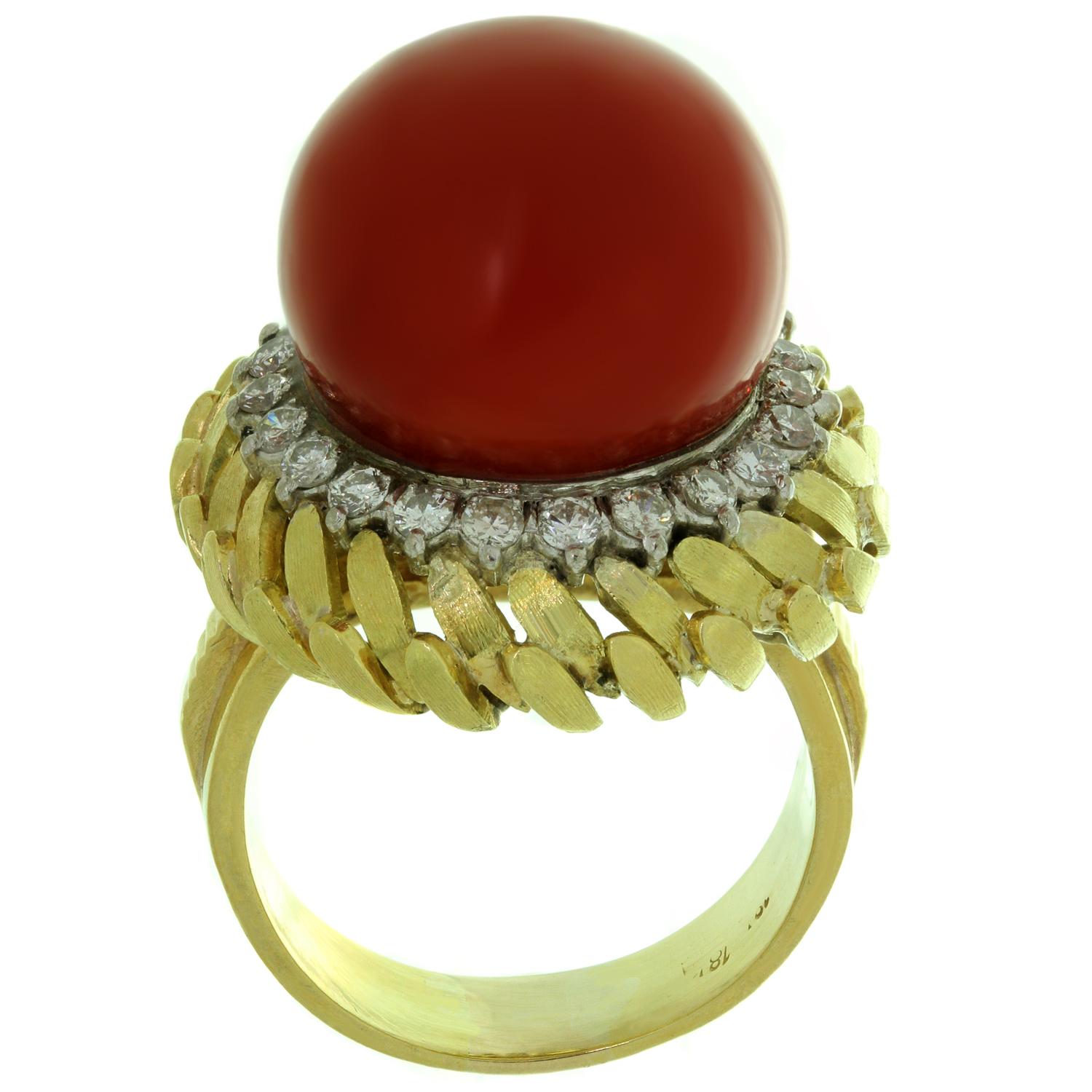 Natural Oxblood Coral Diamond 18 Karat Yellow Gold Dome Ring In Good Condition In New York, NY