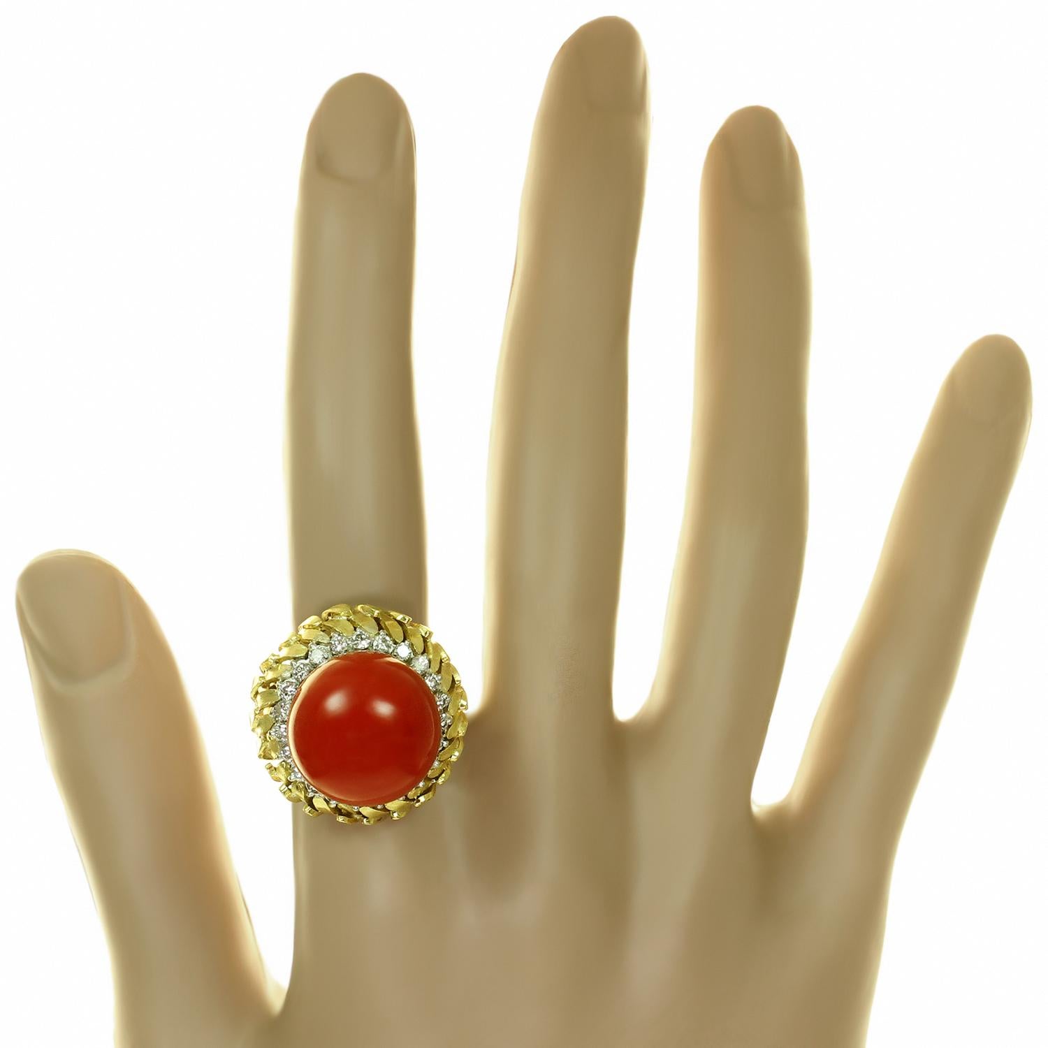 Women's Natural Oxblood Coral Diamond 18 Karat Yellow Gold Dome Ring