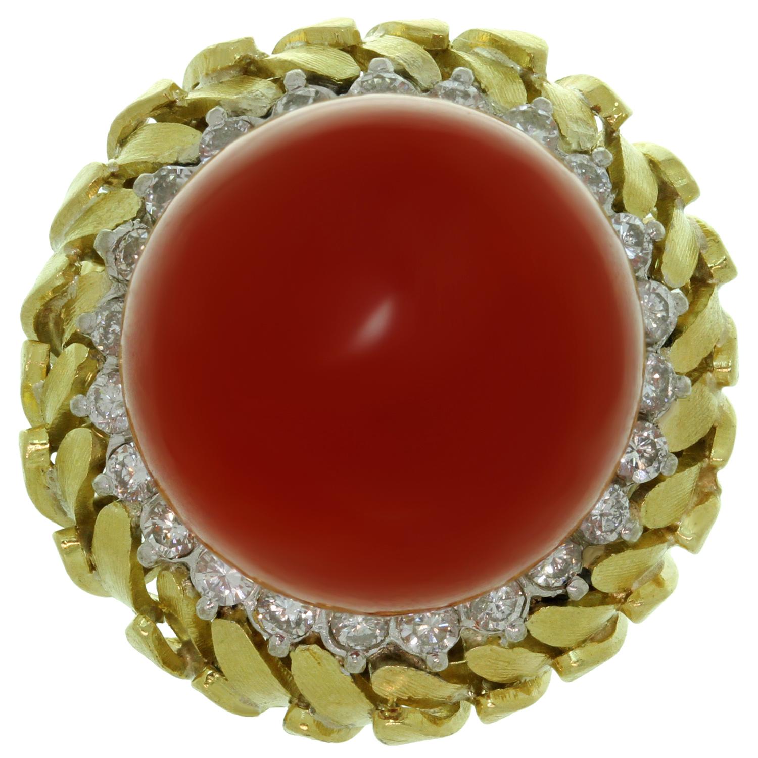 Natural Oxblood Coral Diamond 18 Karat Yellow Gold Dome Ring 1